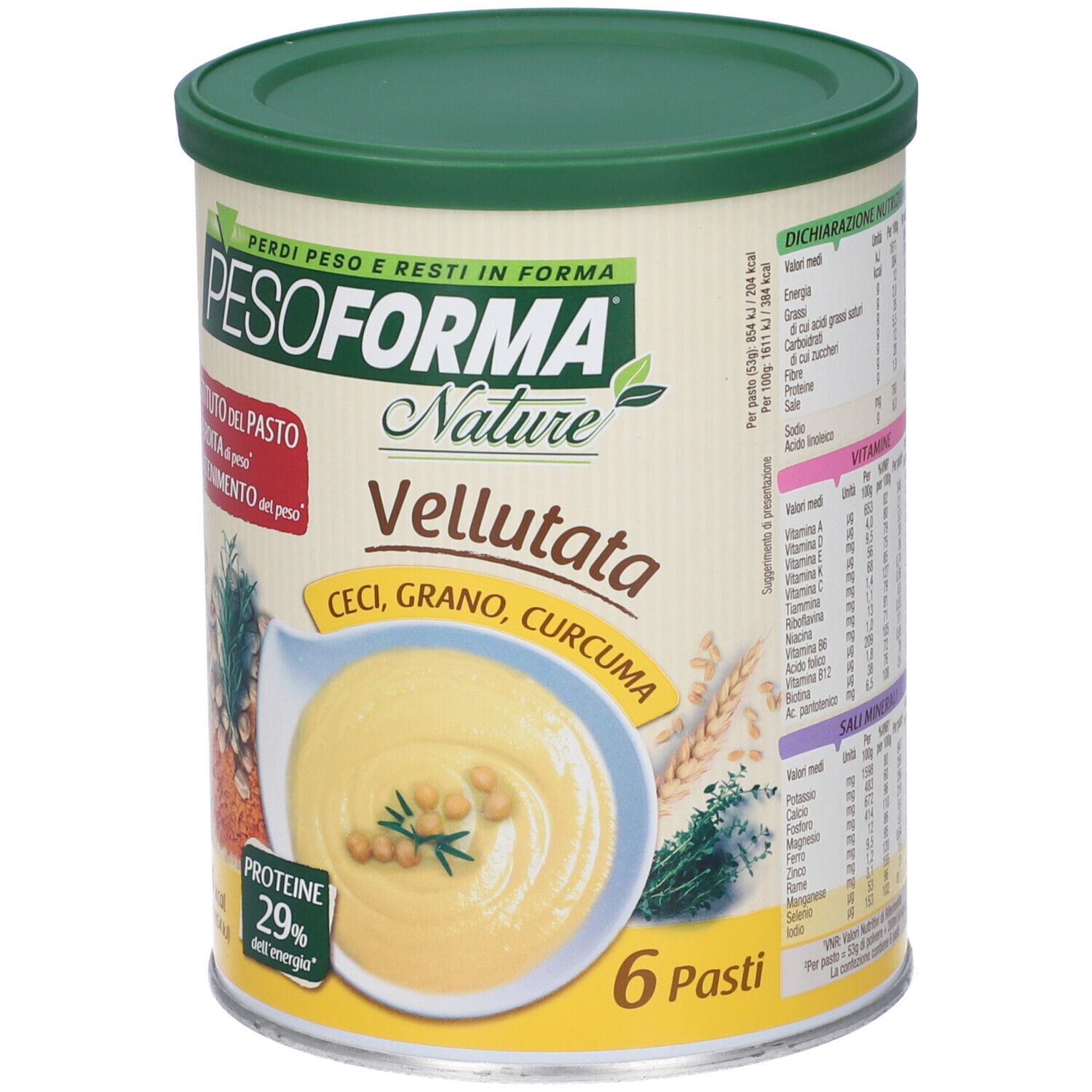 Lattina Pesoforma Nature Vellutata. Scritto: Ceci, Grano, Curcuma. 6 porzioni. 204 kcal. Proteine 29%.