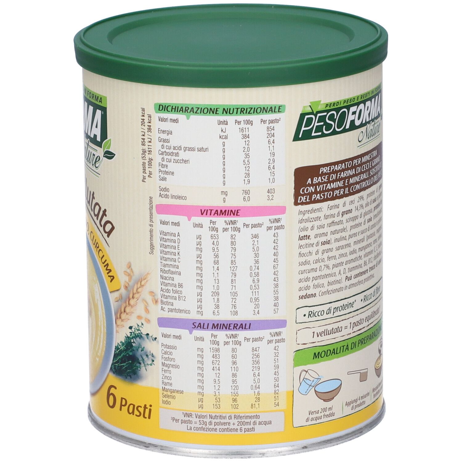 Retro della lattina Pesoforma Nature. Informazioni nutrizionali, elenco ingredienti, istruzioni. 6 porzioni.