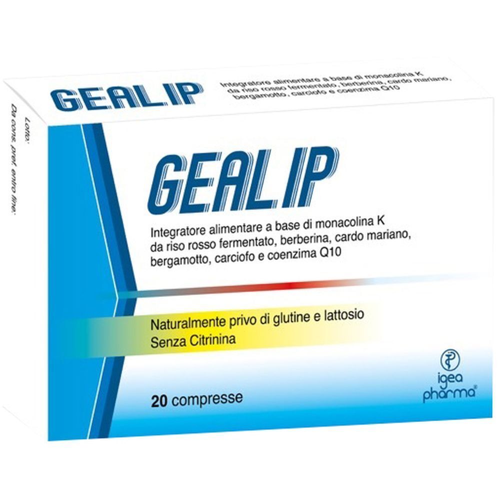 Confezione Gealip. Scritta: Integratore alimentare. 20 compresse. Senza glutine e lattosio. Logo Igea Pharma.