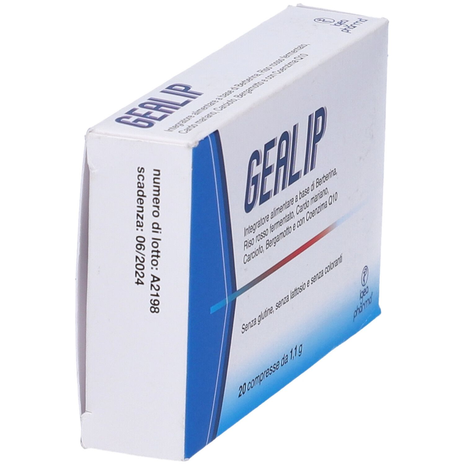 Confezione Gealip, vista laterale. Scritta: Integratore alimentare. 20 compresse. Logo Igea Pharma. Scadenza: 06/2024.