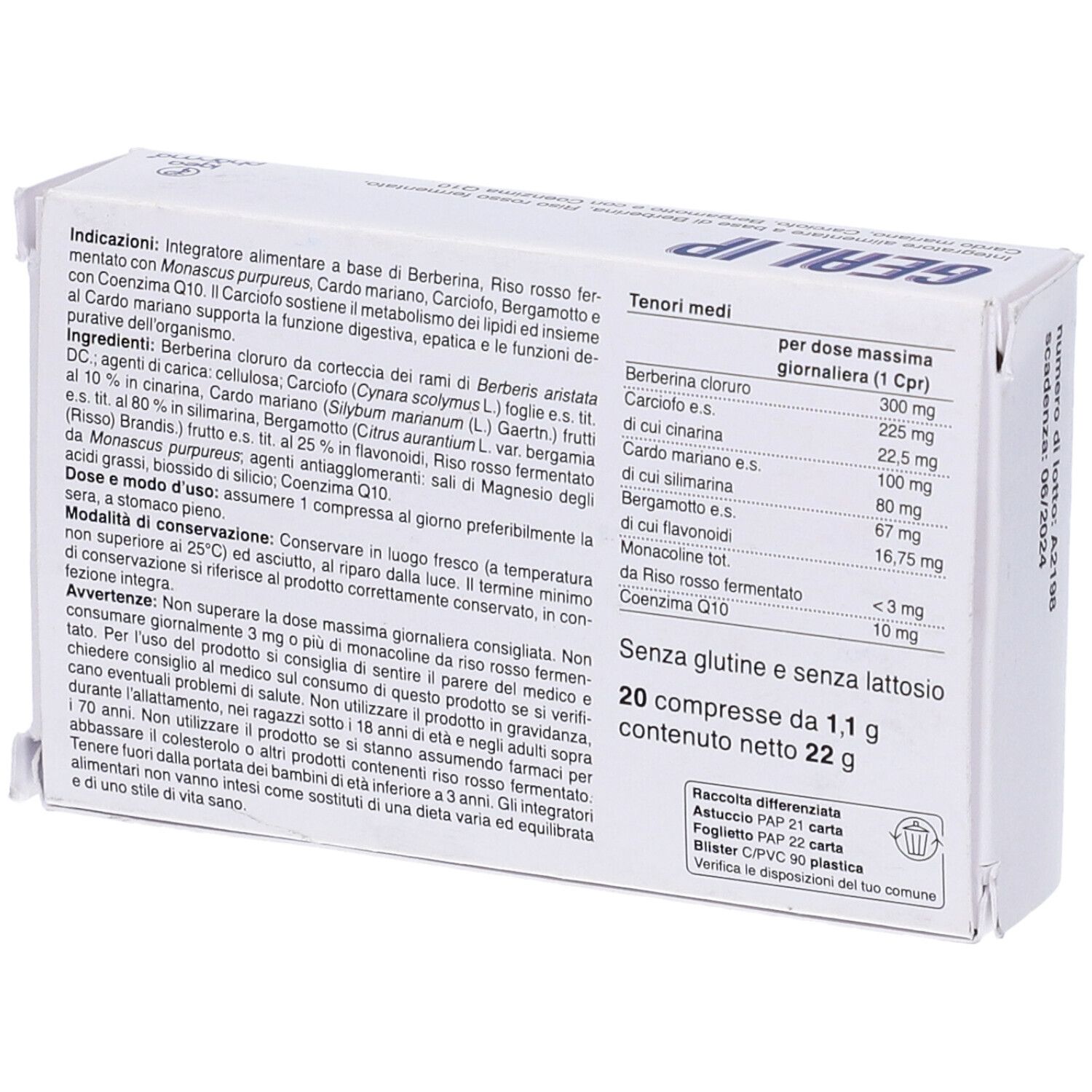 Retro della confezione Gealip. Elenco ingredienti e valori nutrizionali. 20 compresse. Senza glutine e lattosio. Logo Igea Pharma.