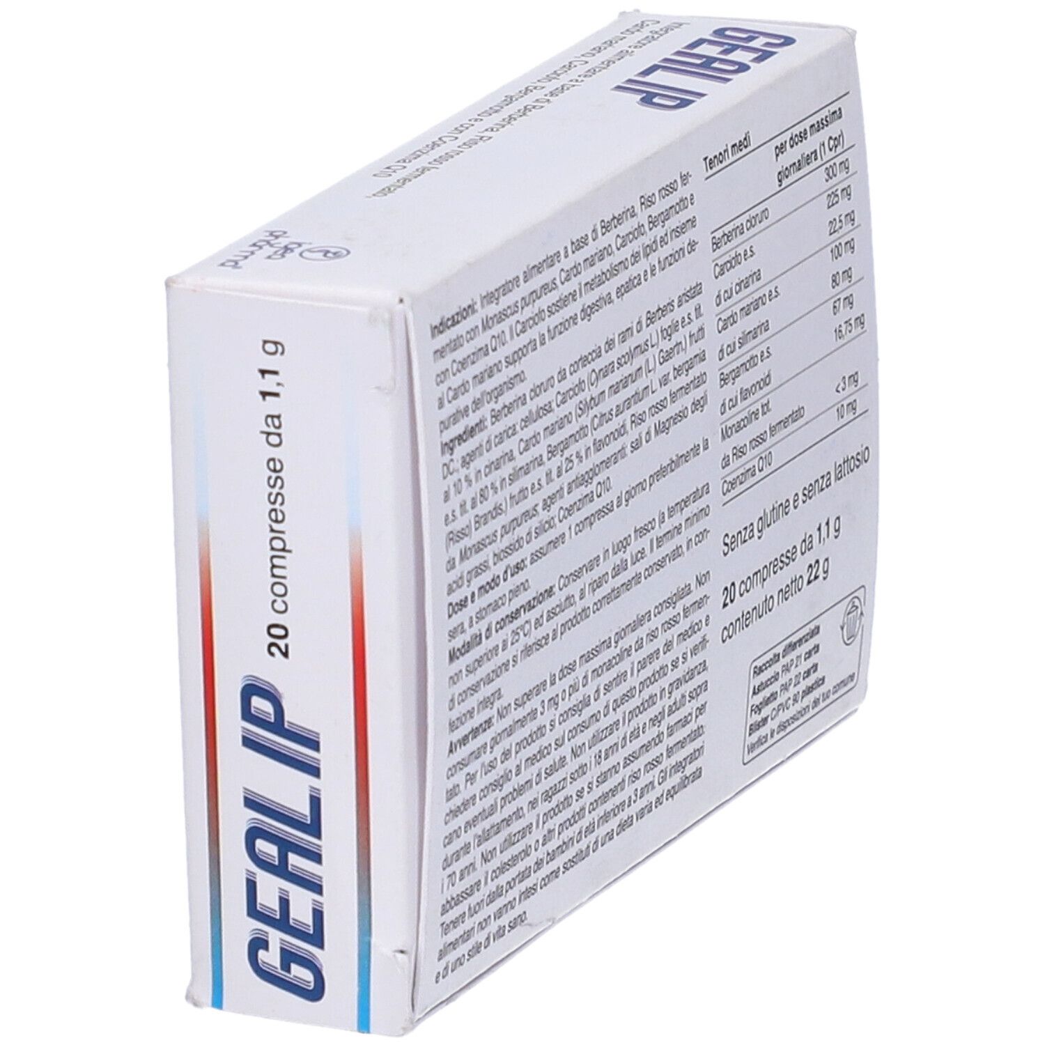 Confezione Gealip, in diagonale. Scritta: Integratore alimentare. 20 compresse. Senza glutine e lattosio. Logo Igea Pharma.