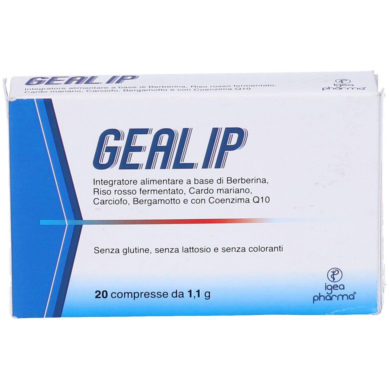 Confezione Gealip. Scritta: Integratore alimentare. 20 compresse. Senza glutine, lattosio e coloranti. Logo Igea Pharma.