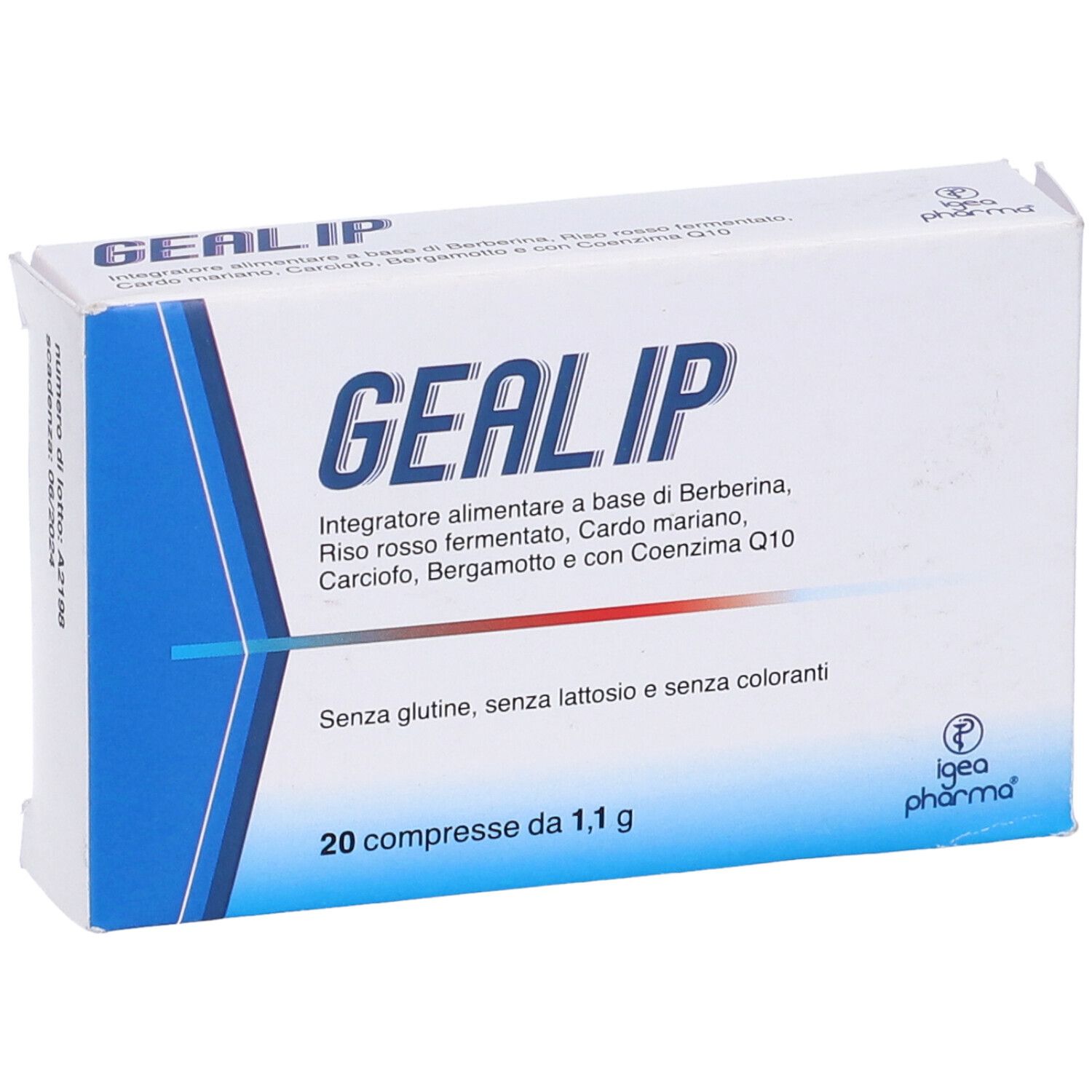 Confezione Gealip. Scritta: Integratore alimentare. 20 compresse. Senza glutine, lattosio e coloranti. Logo Igea Pharma.