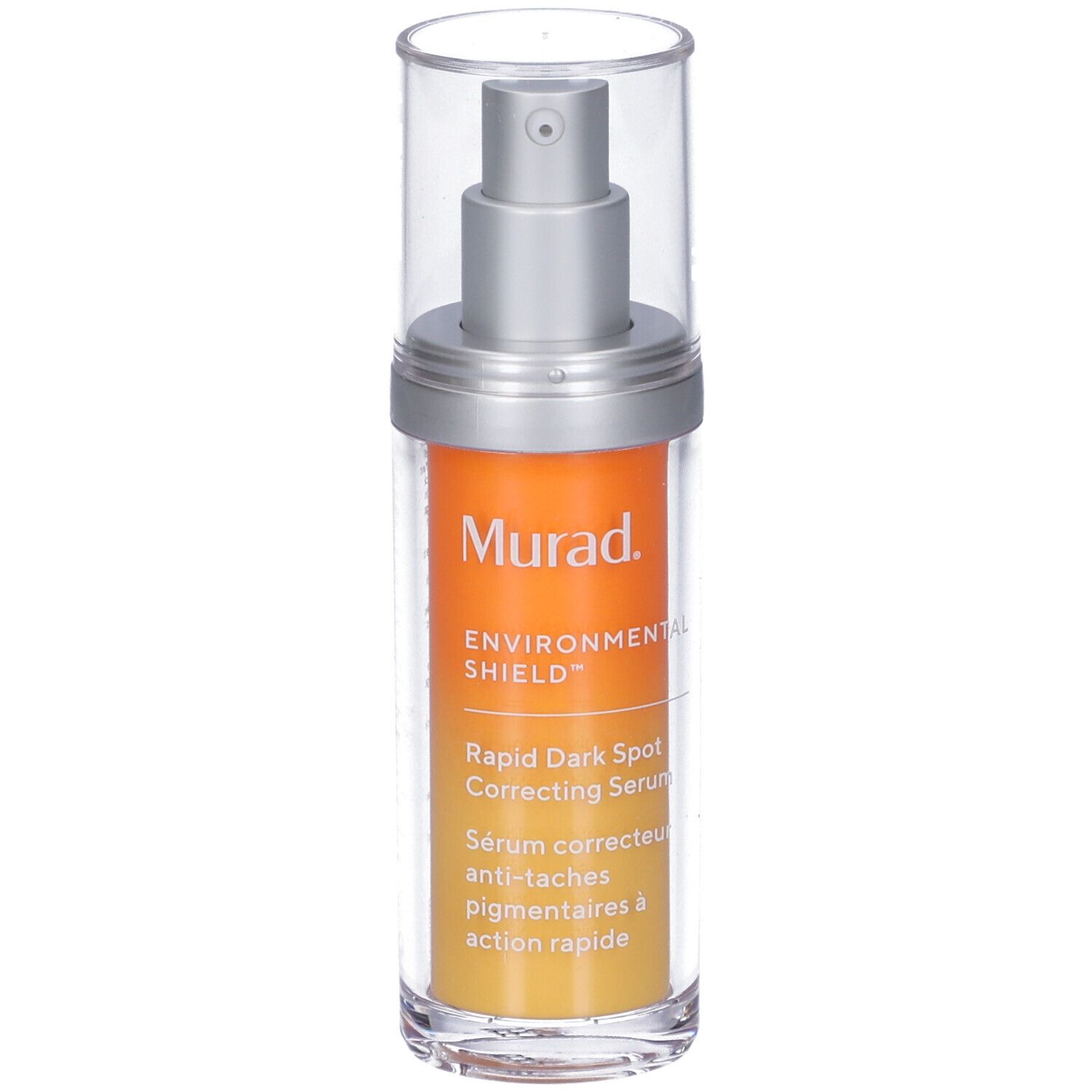 Serumflasche mit Sprühkopf. Orangefarbener Aufkleber mit Text: Murad, Rapid Dark Spot Correcting Serum.