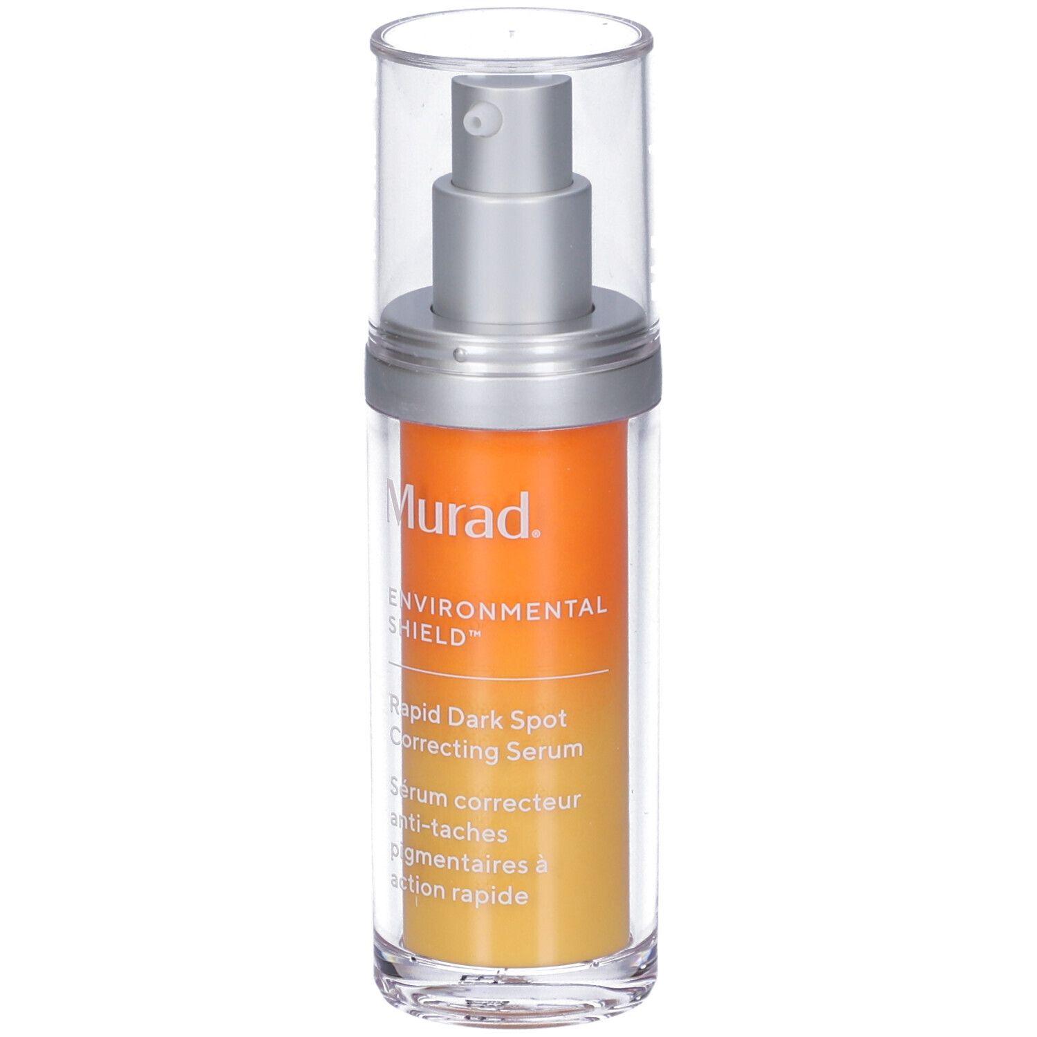 Serumflasche mit Sprühkopf. Orangefarbener Aufkleber mit Text: Murad, Rapid Dark Spot Correcting Serum.