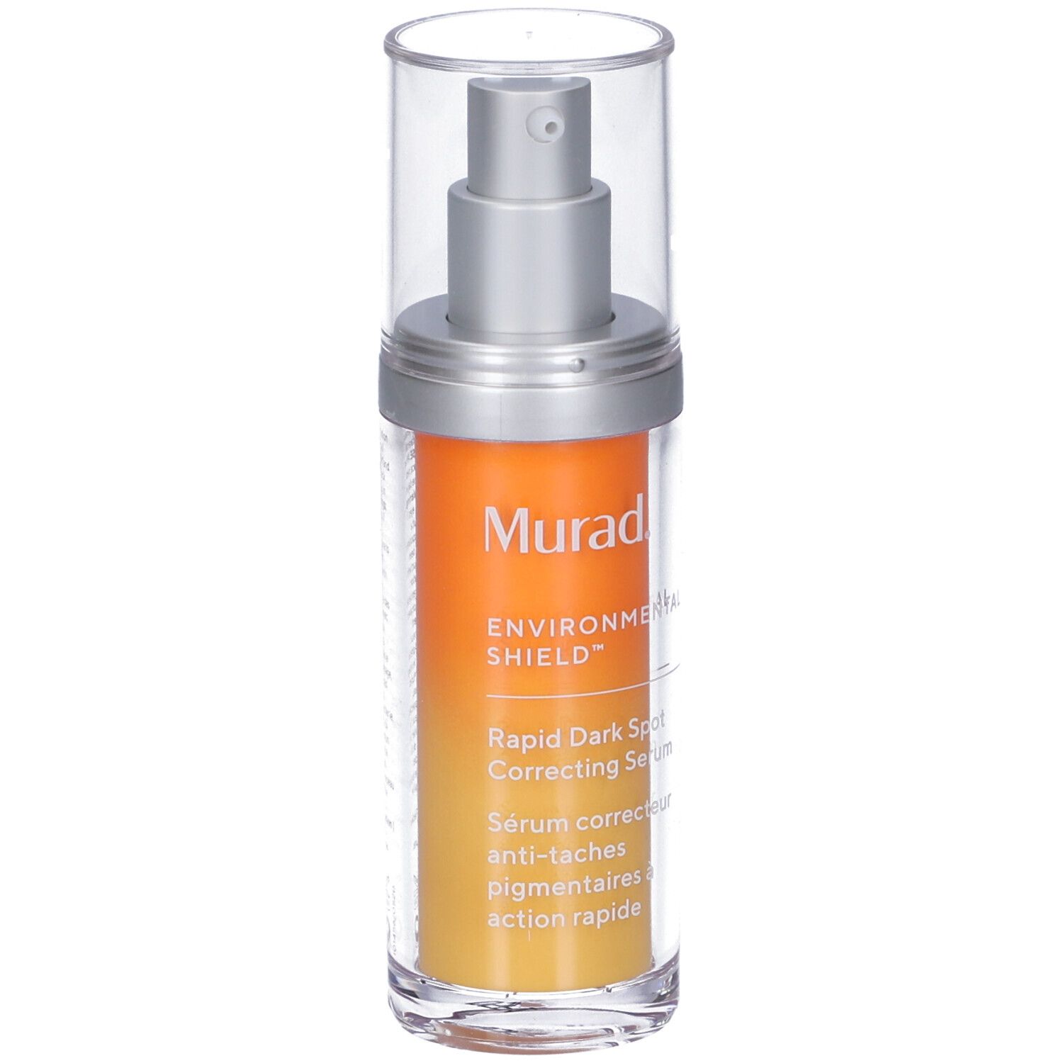 Serumflasche mit Sprühkopf. Orangefarbener Aufkleber mit Text: Murad, Rapid Dark Spot Correcting Serum.