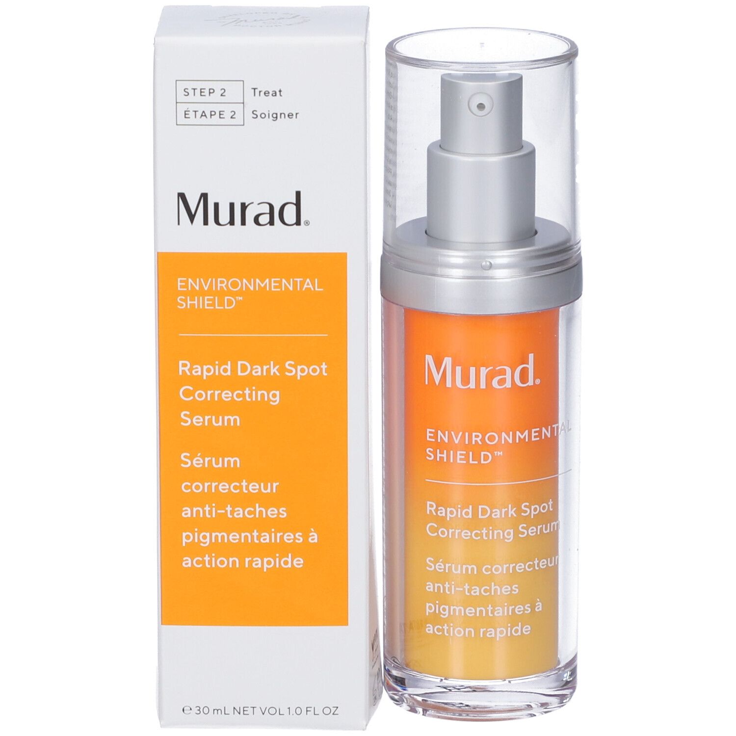 Serumflasche und Schachtel. Auf der Schachtel steht: Murad, Rapid Dark Spot Correcting Serum.