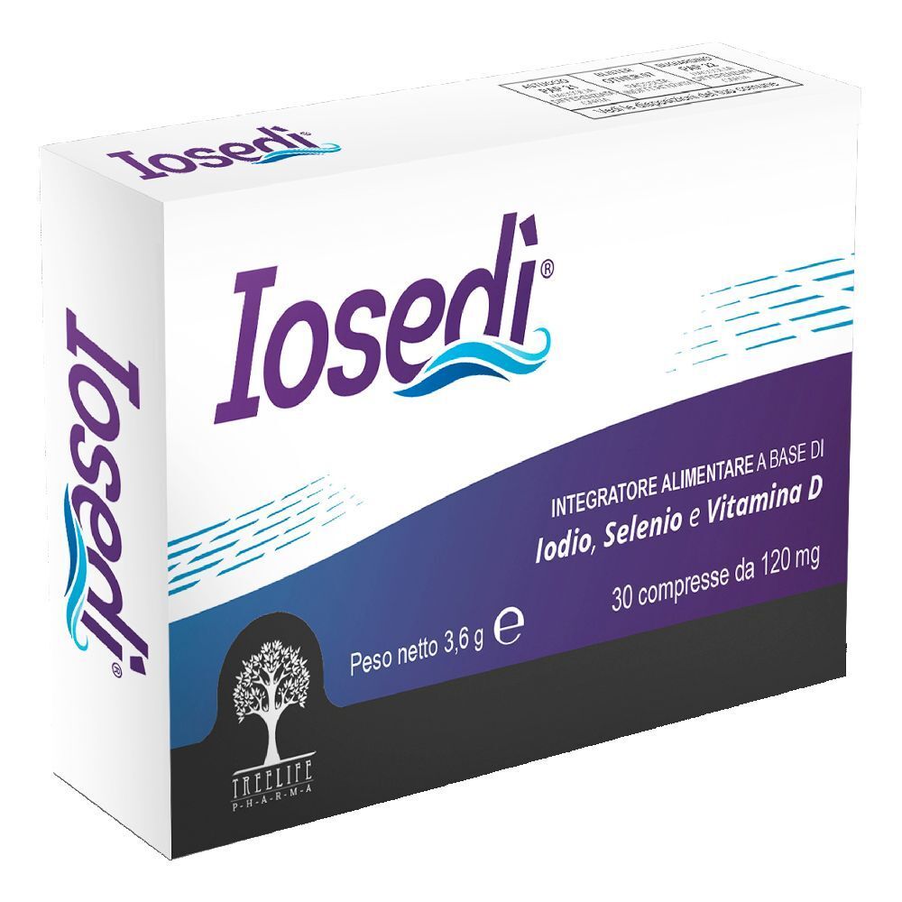 Scatola bianca con testo viola. Scritto: Iosedi, 30 compresse. Contiene iodio, selenio e vitamina D. Marchio: TreeLife Pharma.