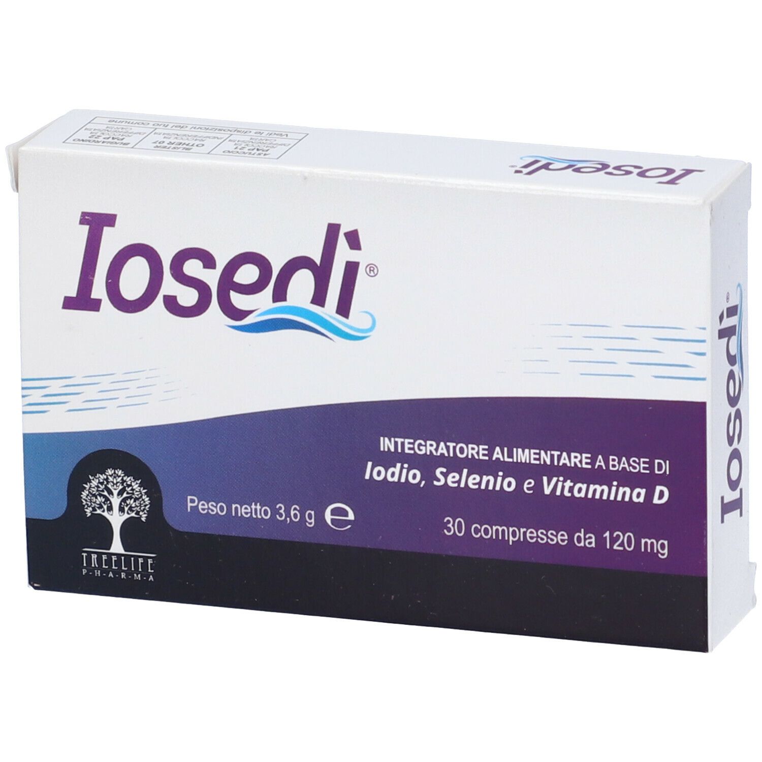 Scatola bianca con testo viola. Scritto: Iosedi, 30 compresse. Contiene iodio, selenio e vitamina D. Marchio: TreeLife Pharma.
