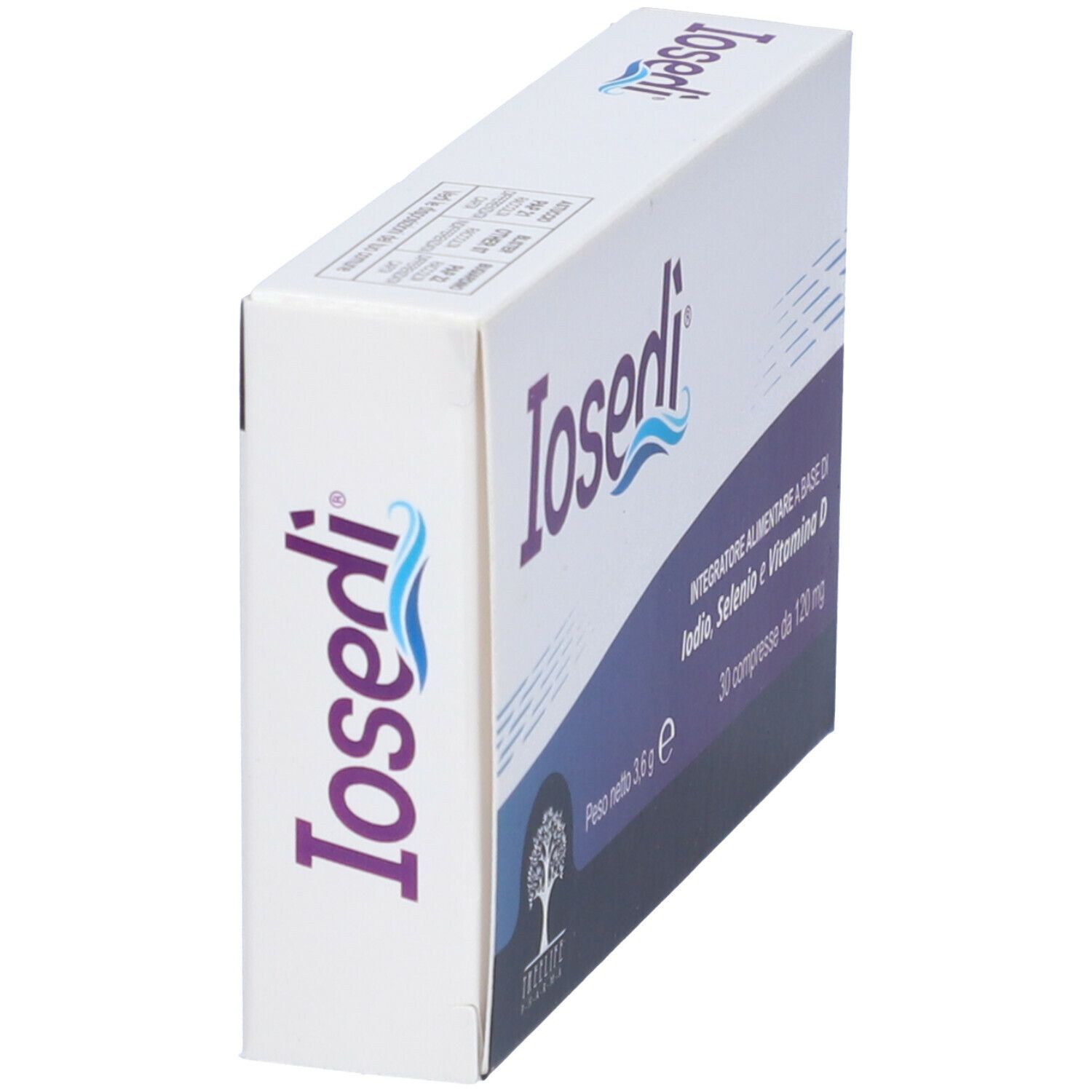 Scatola bianca con testo viola. Scritto: Iosedi, 30 compresse. Contiene iodio, selenio e vitamina D. Marchio: TreeLife Pharma.