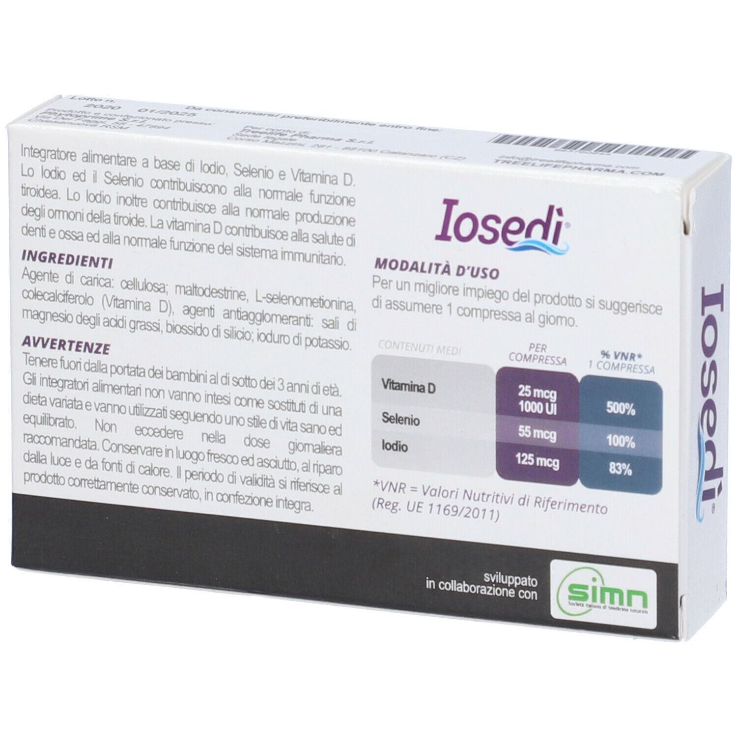 Scatola bianca con testo viola. Scritto: Iosedi, 30 compresse. Contiene iodio, selenio e vitamina D. Marchio: TreeLife Pharma. Retro con informazioni.
