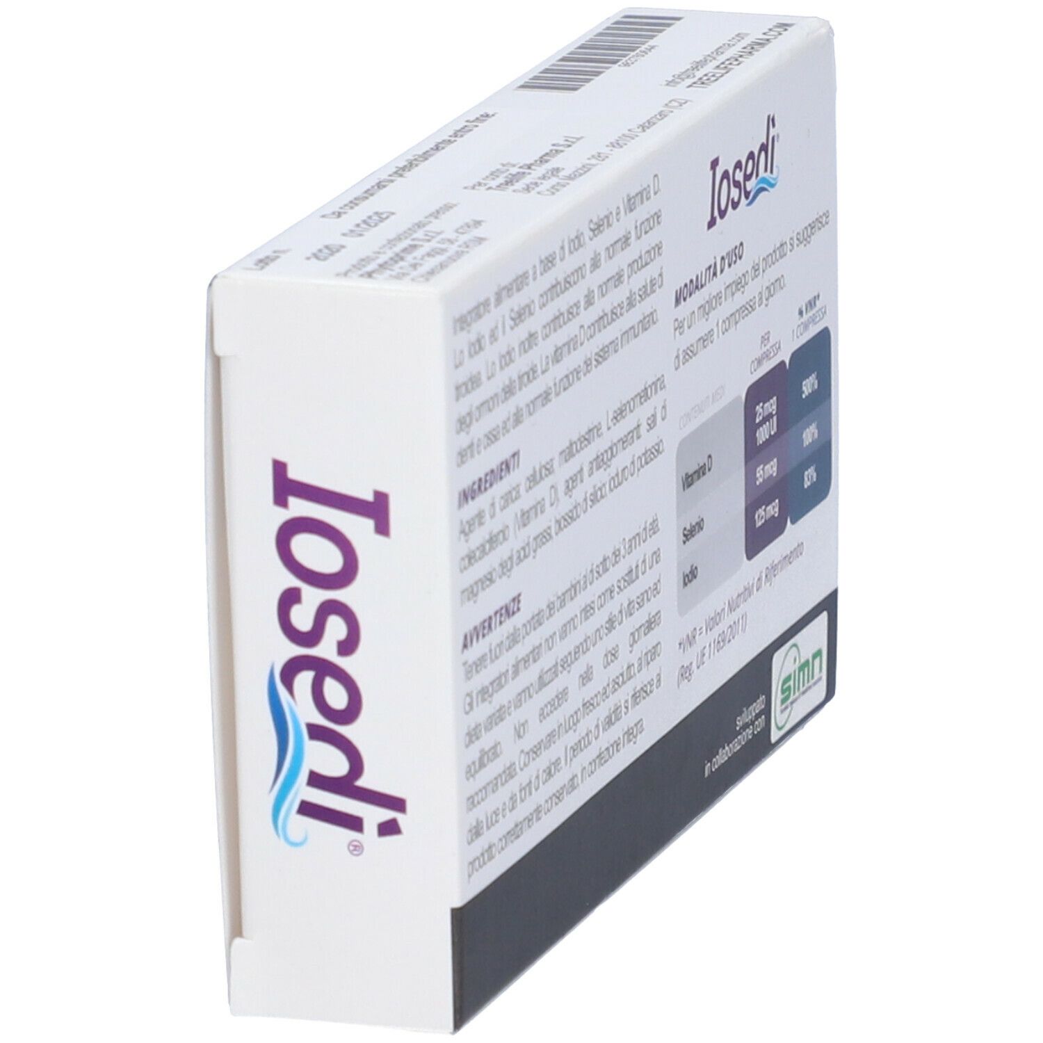 Scatola bianca con testo viola. Scritto: Iosedi, 30 compresse. Contiene iodio, selenio e vitamina D. Marchio: TreeLife Pharma. Retro con informazioni.