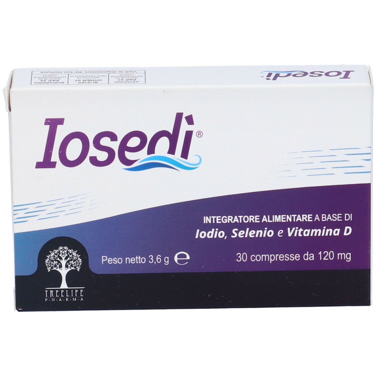 Scatola bianca con testo viola. Scritto: Iosedi, 30 compresse. Contiene iodio, selenio e vitamina D. Marchio: TreeLife Pharma.
