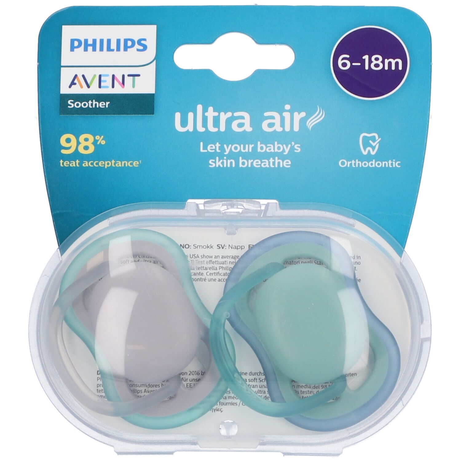 Confezione con due succhietti. Marchio Philips Avent. Testo: Ultra Air, 6-18m, Ortodontico. 98% accettazione.