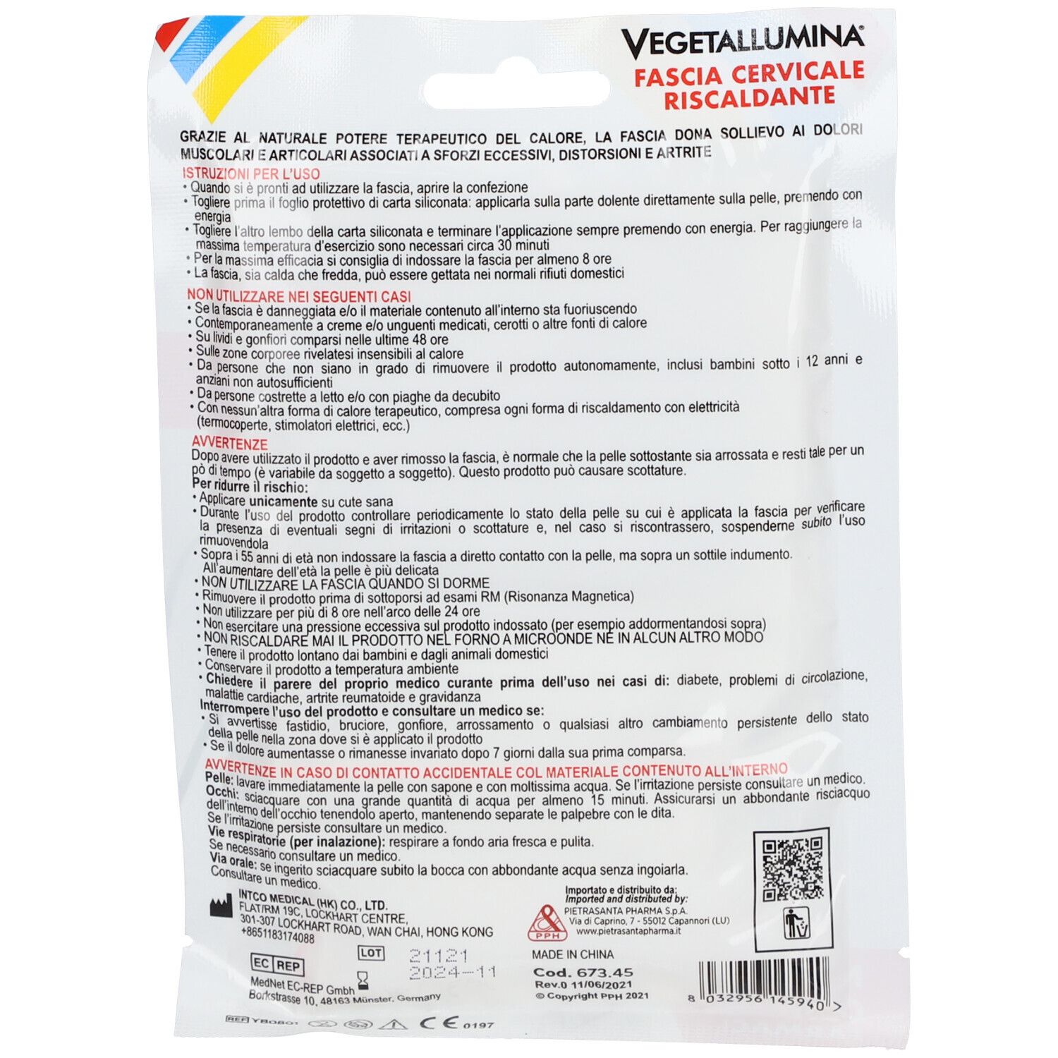 Verpackung einer Wärmepflaster-Rolle für den Nacken, 39x14 cm. Beschriftung: Vegetallumina, Fascia Cervicale Riscaldante.