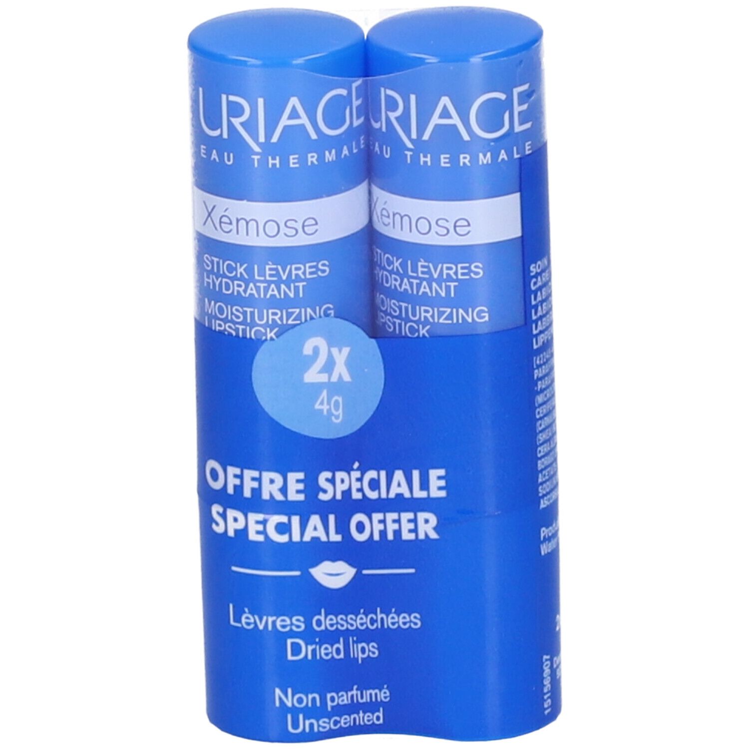 Due stick labbra blu. Scritta: Uriage Xémose, Stick Lèvres Hydratant, 2x4g. Offerta speciale per labbra secche.