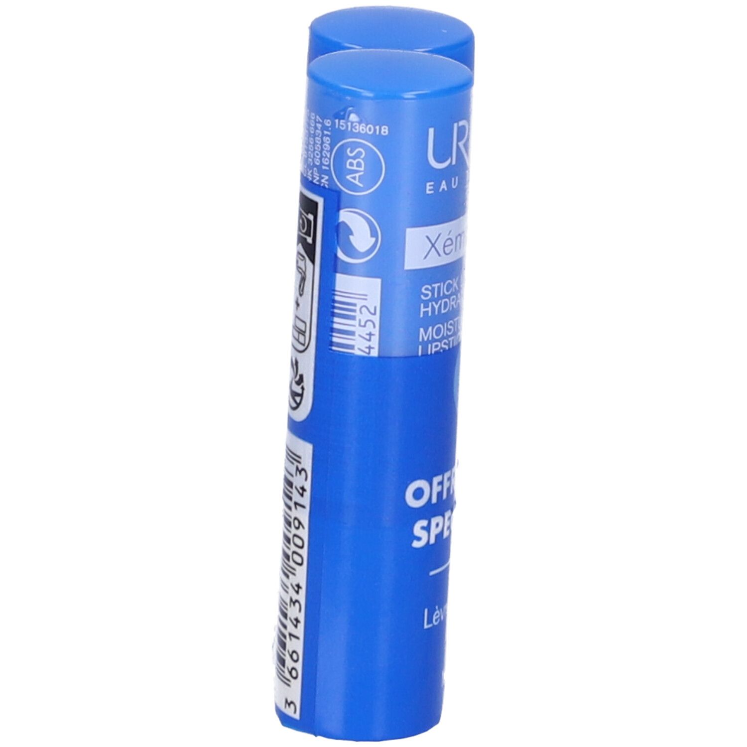 Stick labbra blu. Scritta: Uriage Xémose, Stick Lèvres Hydratant. Retro con informazioni e codice a barre.