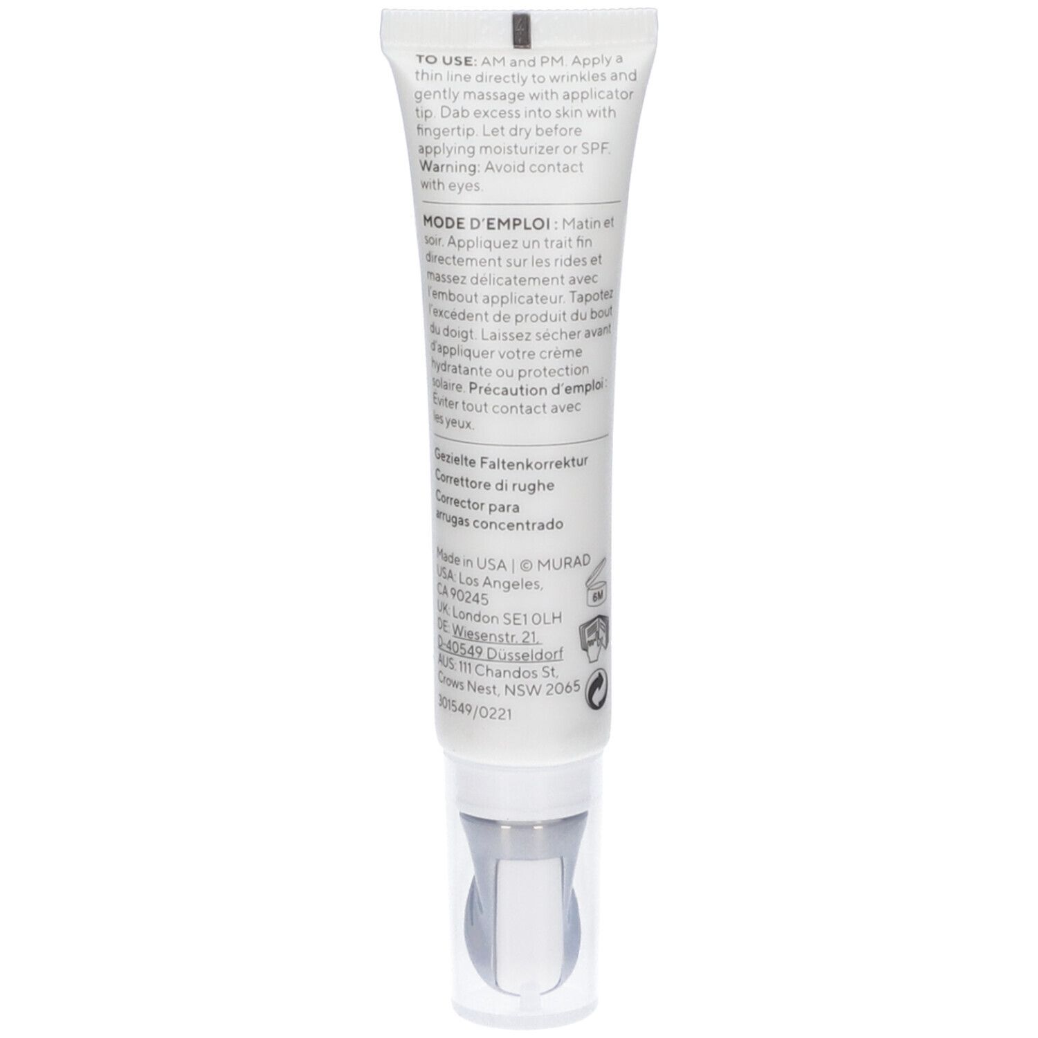 Produktverpackung und Tube. Verpackung: weiß, grün. Tube: weiß, grün, Kugelapplikator. Aufschrift: Murad.