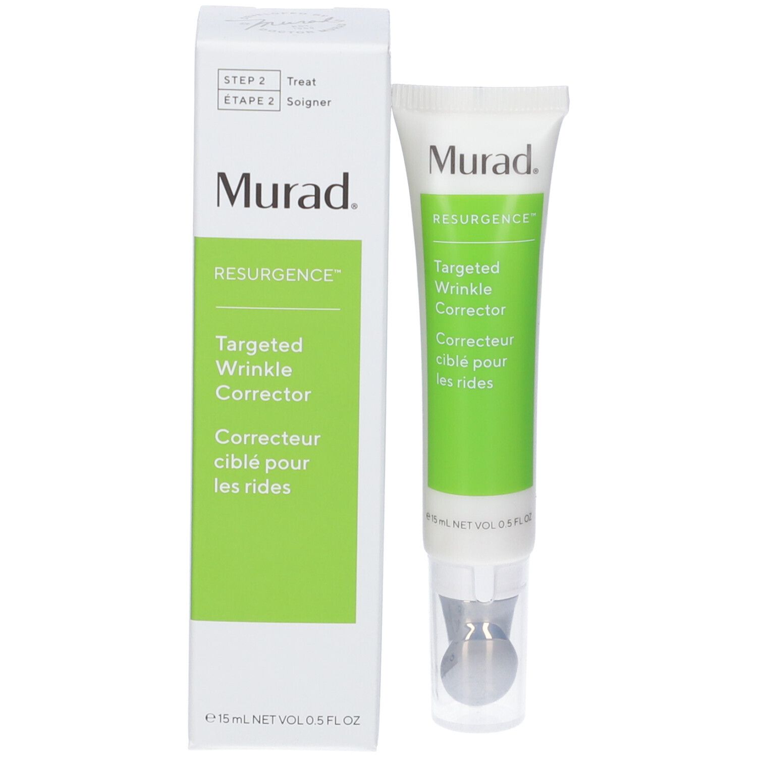 Produktverpackung. Weiß mit grünen Akzenten. Aufschrift: Murad, Targeted Wrinkle Corrector.