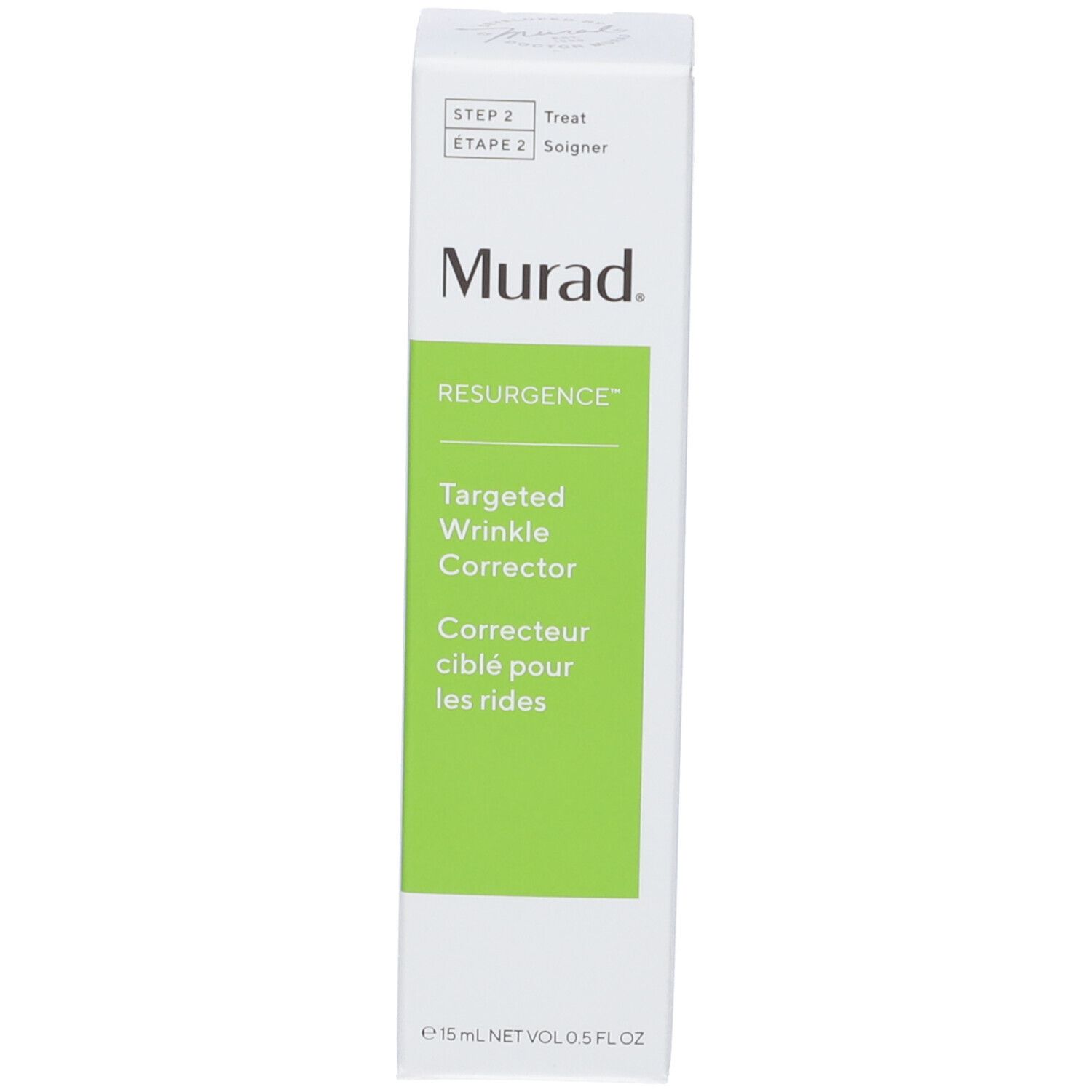 Seite der Produktverpackung. Text in mehreren Sprachen. Aufschrift: Murad, Targeted Wrinkle Corrector.