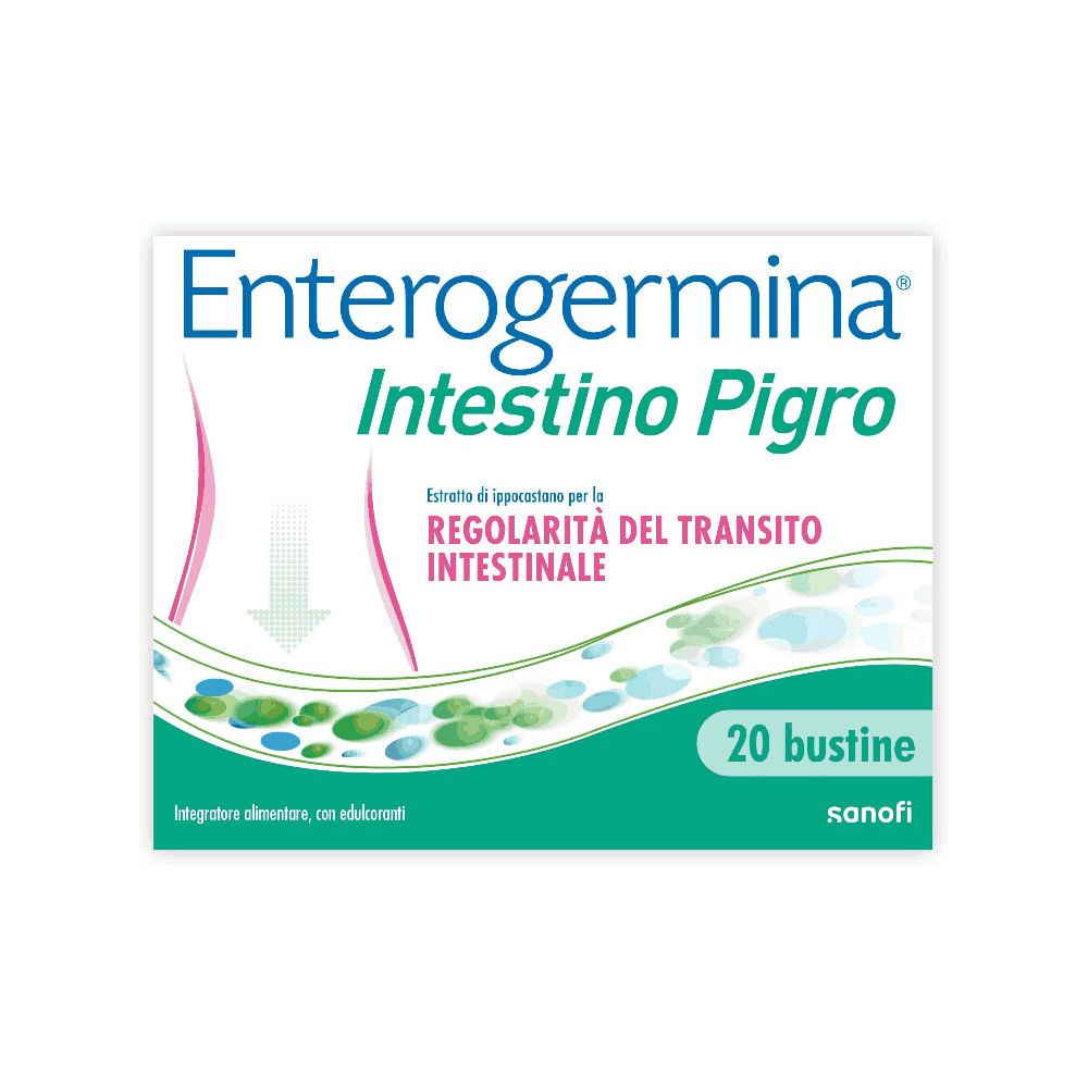 Confezione di Enterogermina Intestino Pigro, 20 bustine. Testo: Regolarità del transito intestinale.