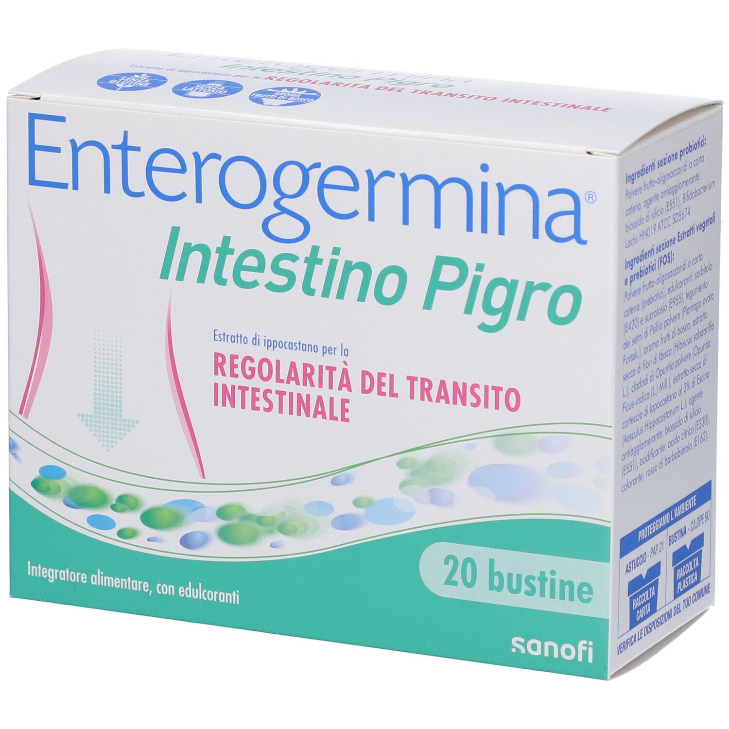 Confezione di Enterogermina Intestino Pigro, 20 bustine. Testo: Regolarità del transito intestinale.