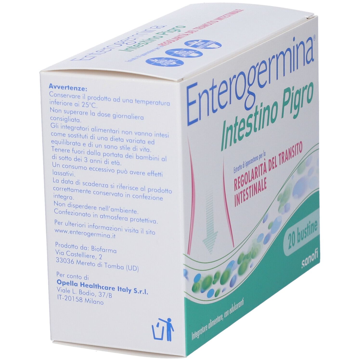 Confezione di Enterogermina Intestino Pigro, 20 bustine. Vista laterale con avvertenze e informazioni del produttore.