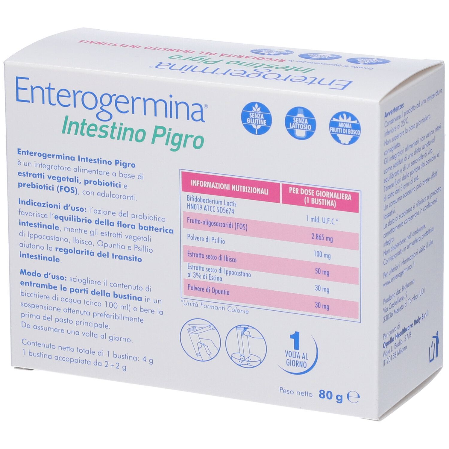 Confezione di Enterogermina Intestino Pigro, 20 bustine. Vista laterale con informazioni nutrizionali e istruzioni per l'uso.