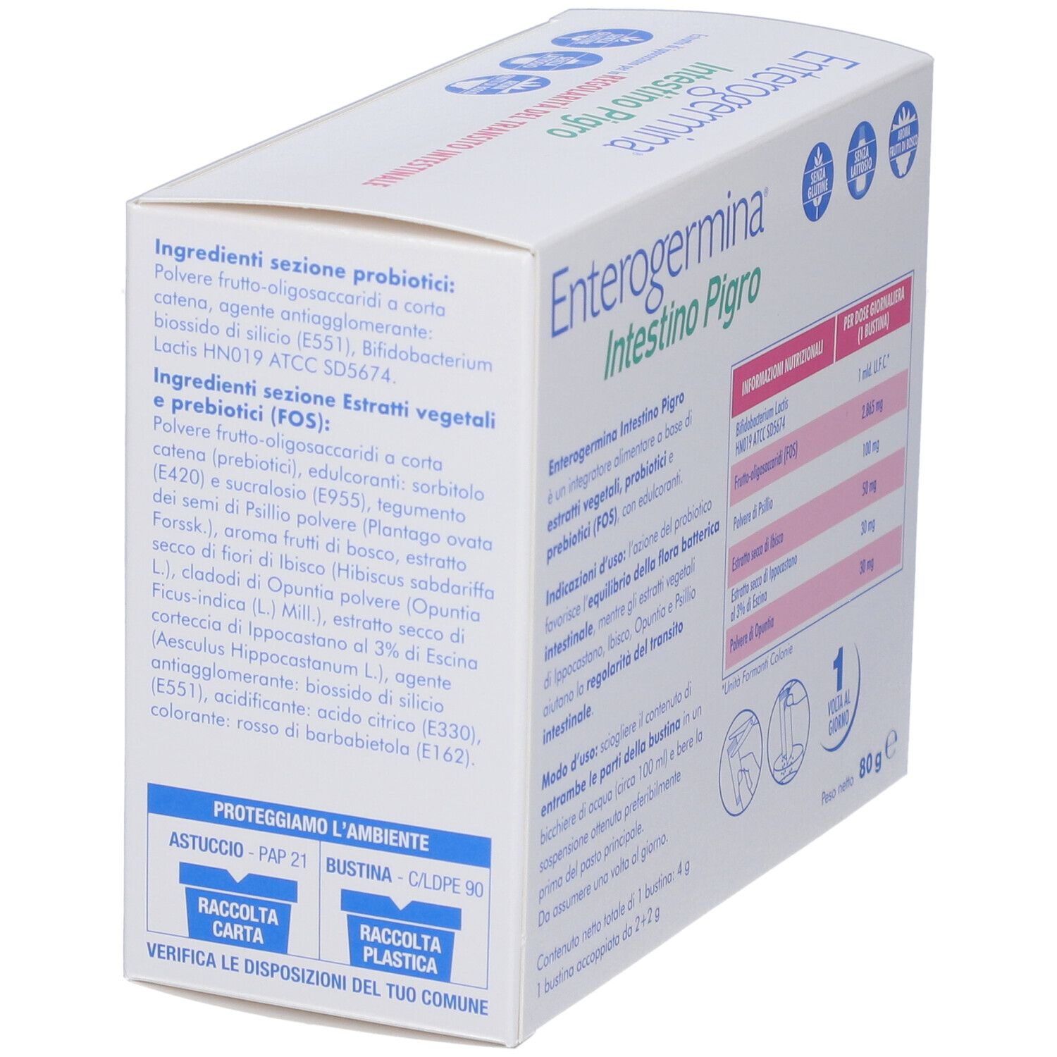 Confezione di Enterogermina Intestino Pigro, 20 bustine. Vista laterale con ingredienti e informazioni sulla sostenibilità.