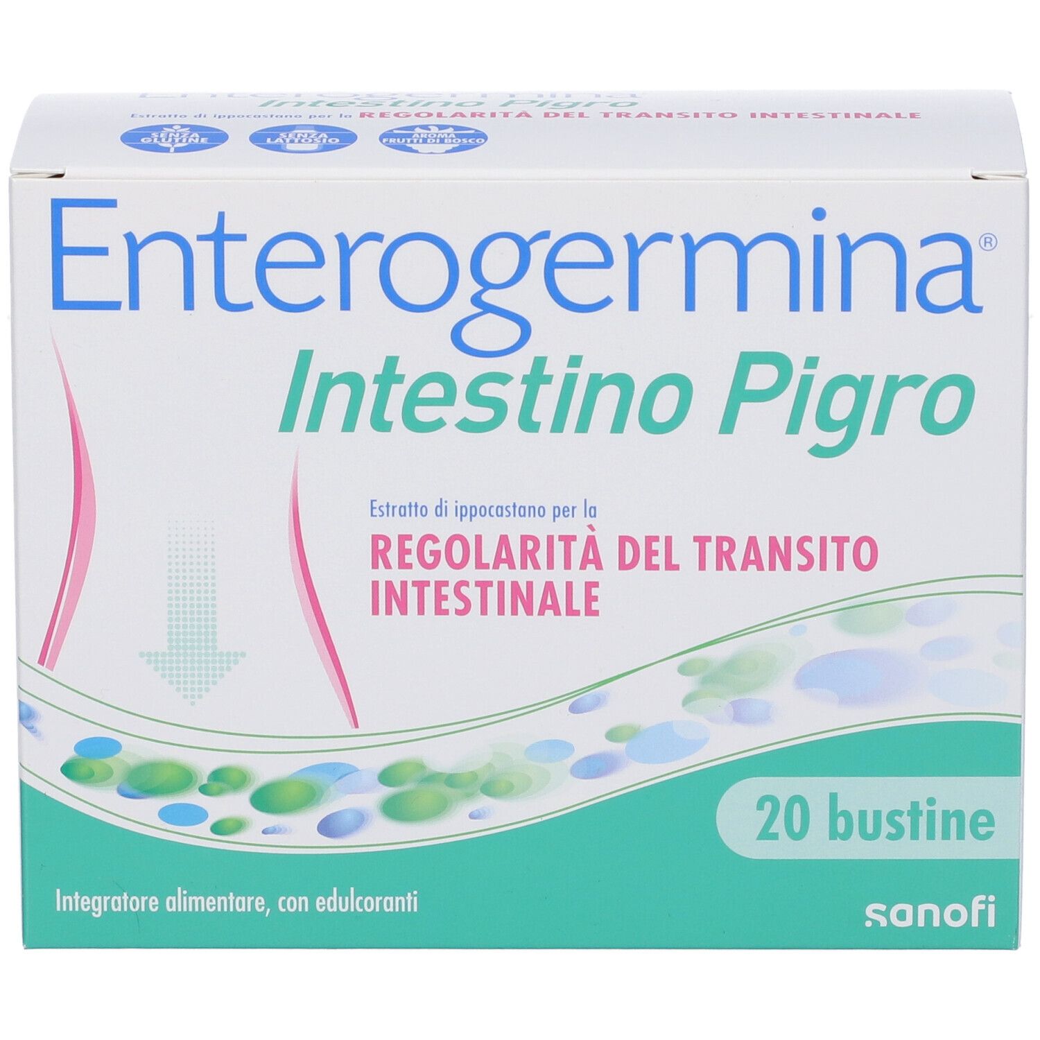 Confezione di Enterogermina Intestino Pigro, 20 bustine. Vista frontale.