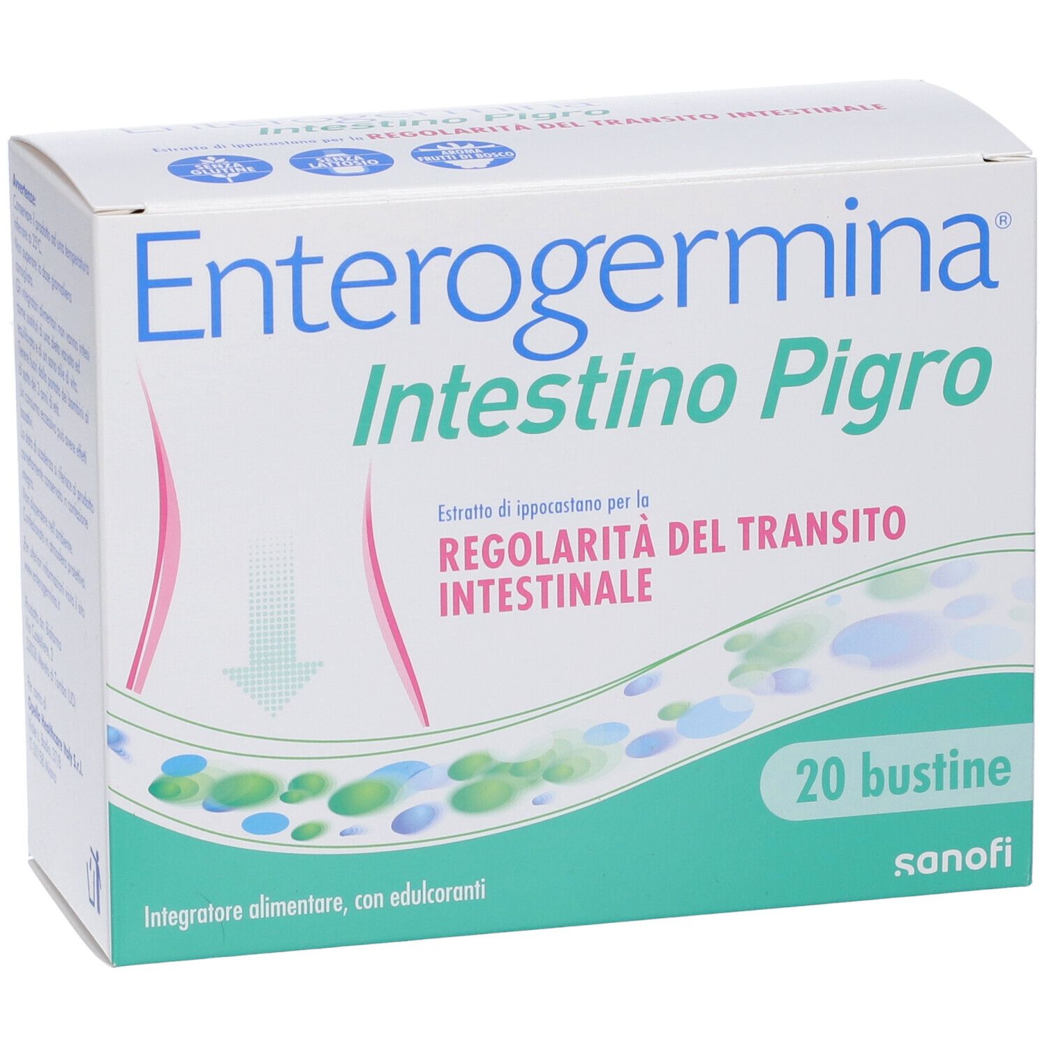 Confezione di Enterogermina Intestino Pigro, 20 bustine. Vista frontale.