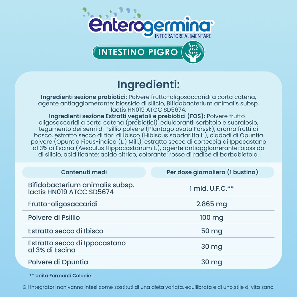 Elenco ingredienti e informazioni nutrizionali di Enterogermina Intestino Pigro. Contiene ingredienti e dosaggio per bustina.