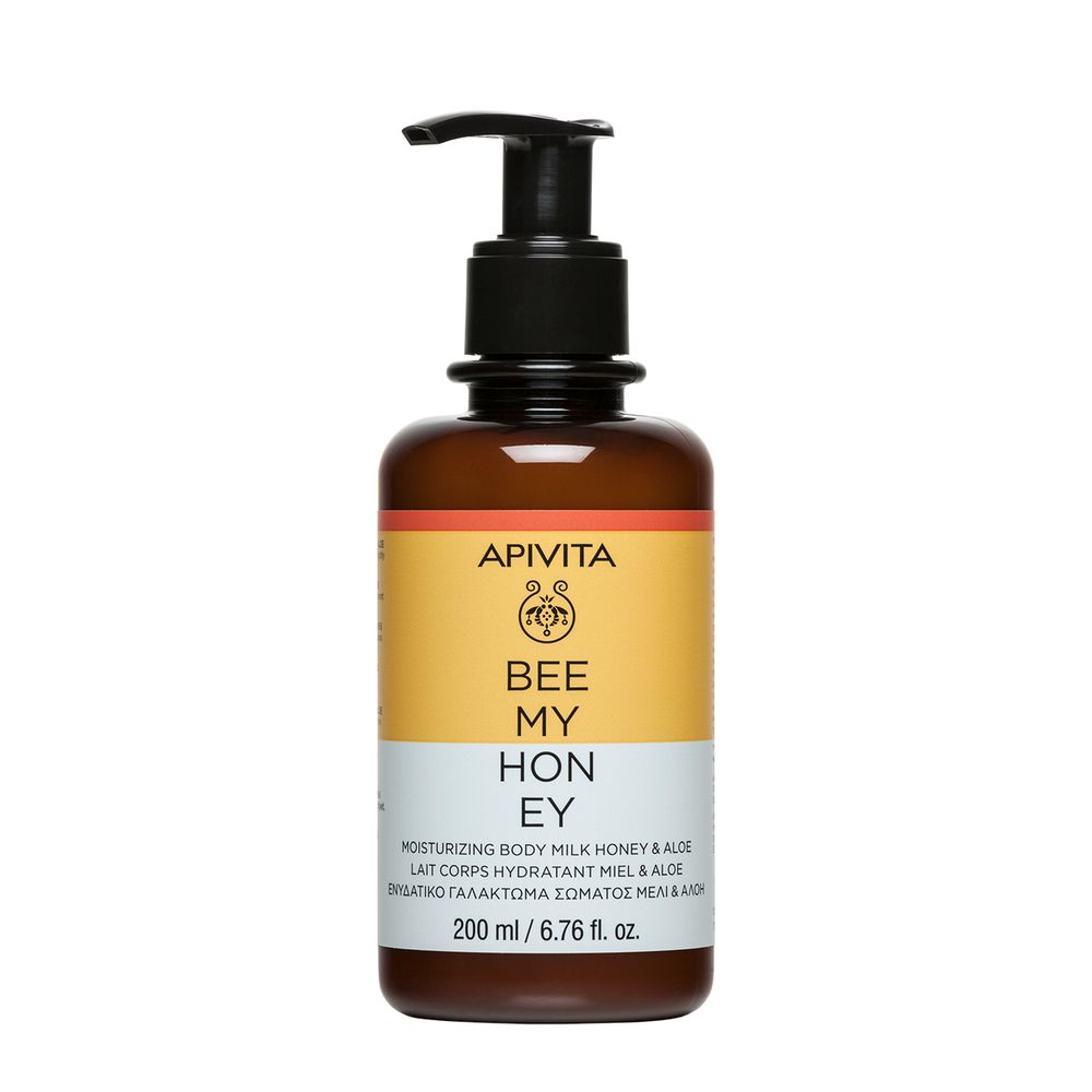 Flacone marrone con dosatore nero. Scritta: APIVITA Bee My Honey. 200 ml.