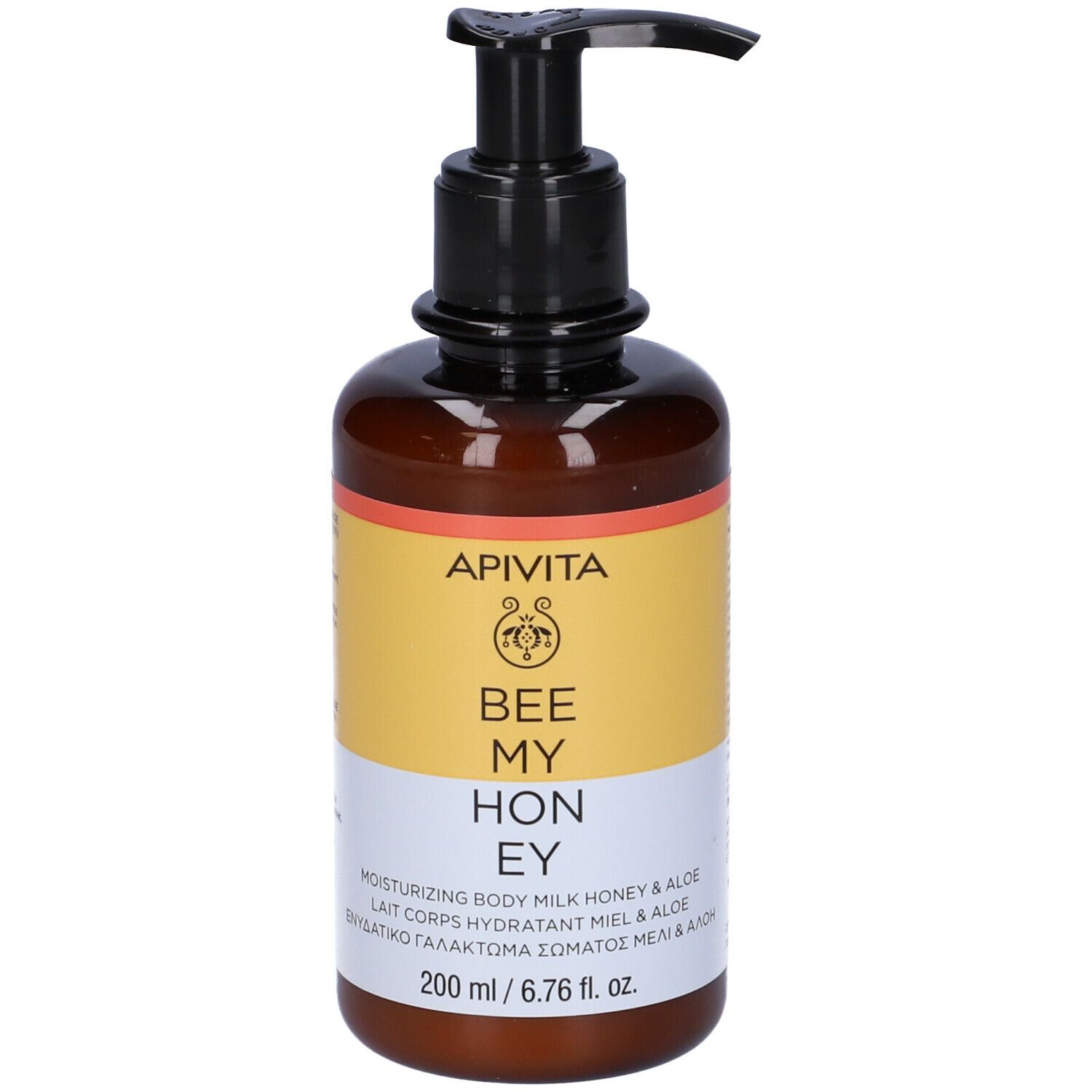 Flacone marrone con dosatore nero. Scritta: APIVITA Bee My Honey. 200 ml.