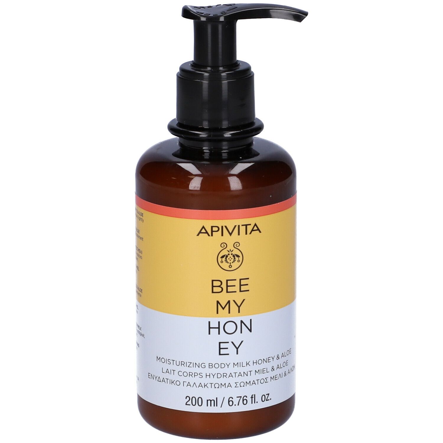 Flacone marrone con dosatore nero. Scritta: APIVITA Bee My Honey. 200 ml.