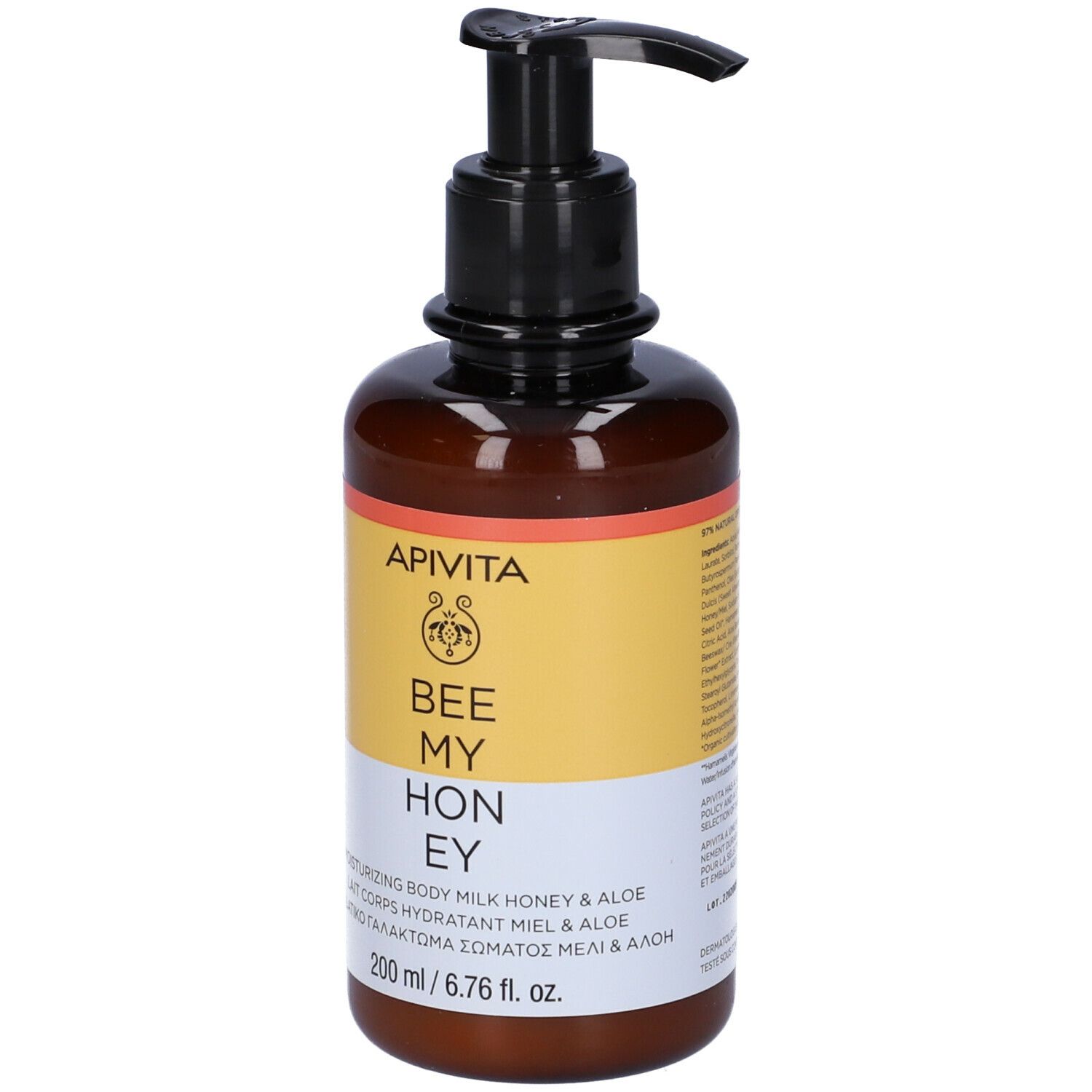 Flacone marrone con dosatore nero. Scritta: APIVITA Bee My Honey. Retro.