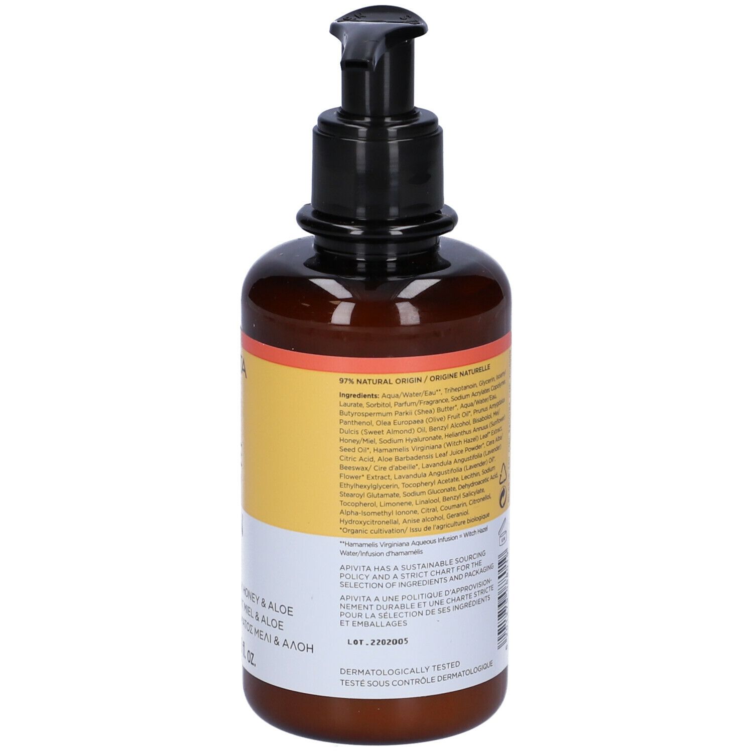 Flacone marrone con dosatore nero. Scritta: APIVITA Bee My Honey. Retro, ingredienti.
