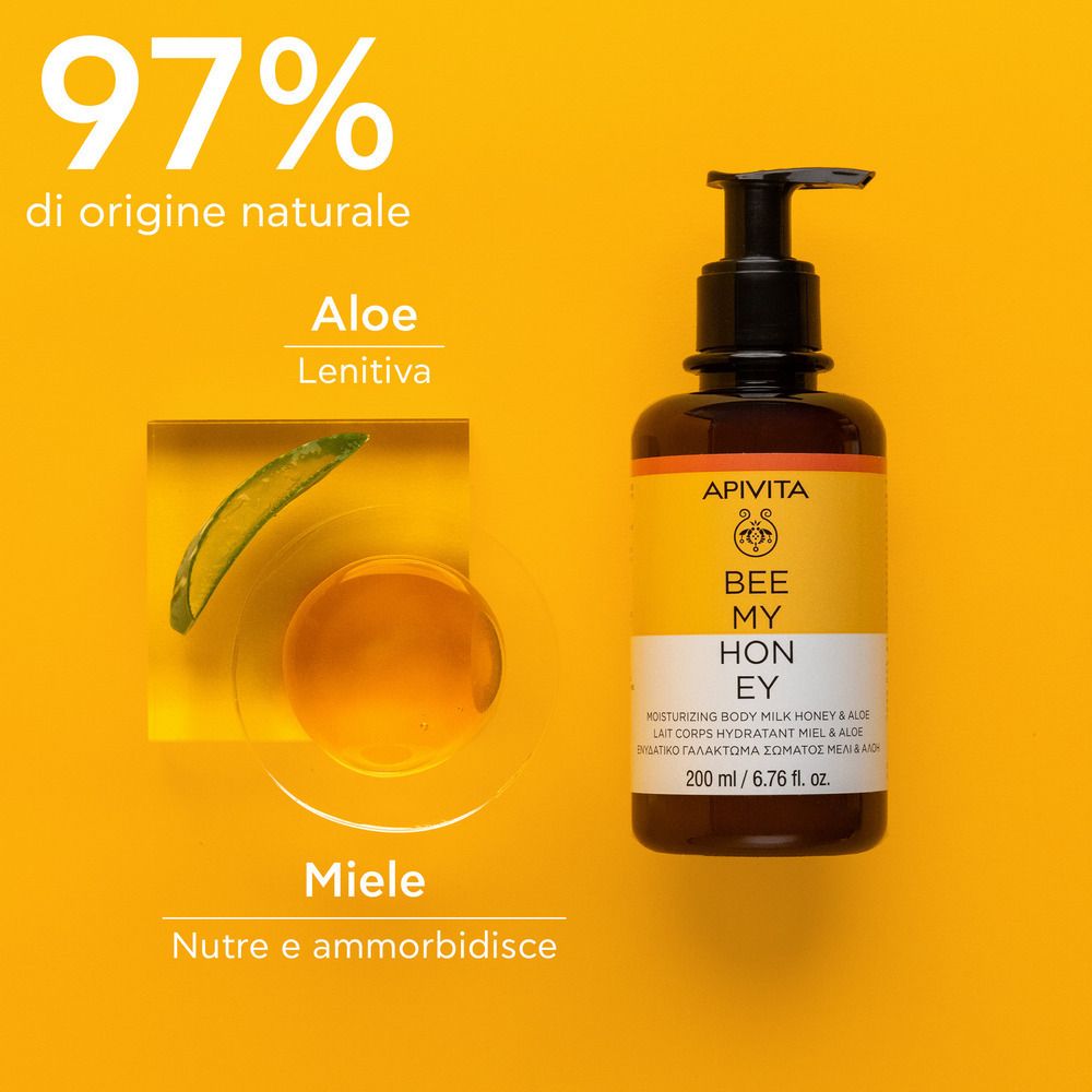 Flacone marrone con dosatore nero. Scritta: APIVITA Bee My Honey. 97% di origine naturale.