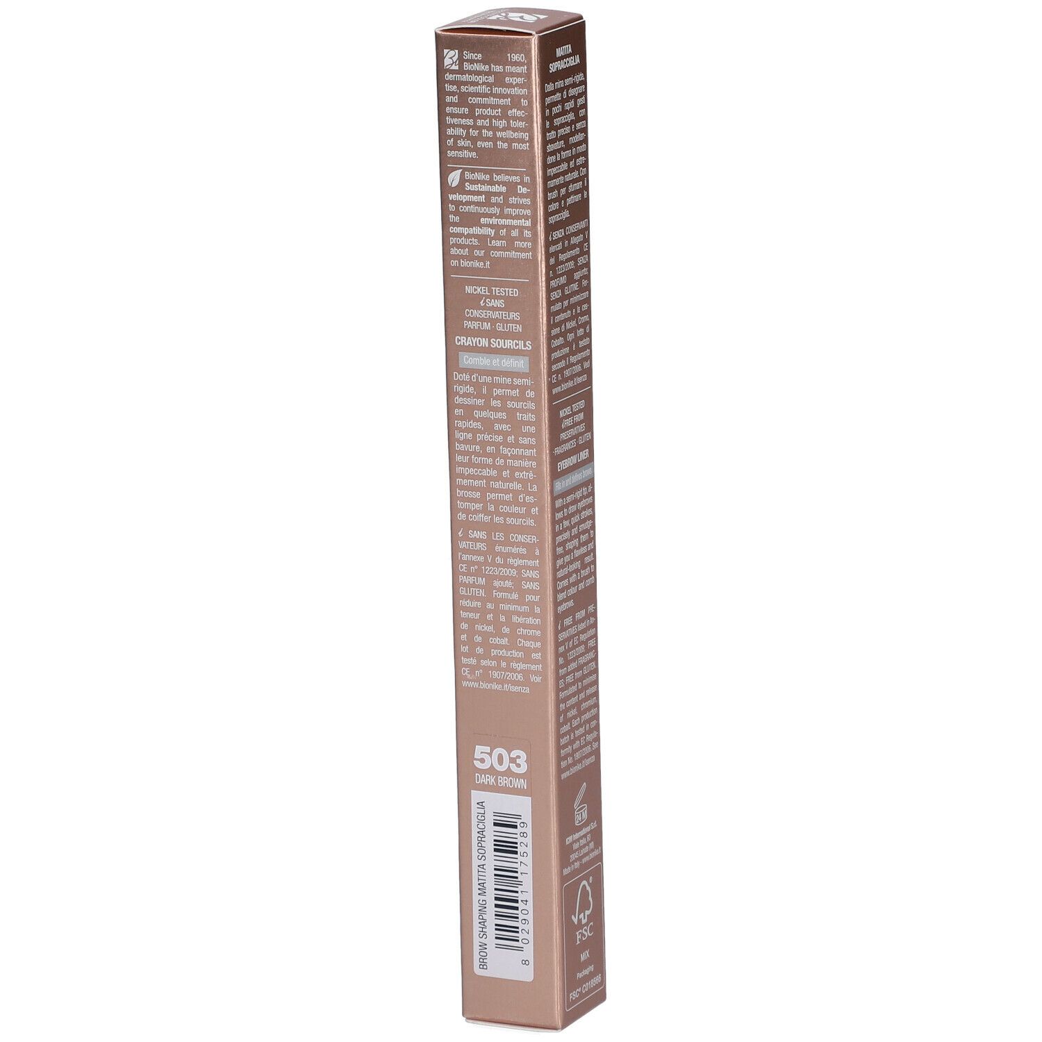 BioNike Defence Color Matita Sopracciglia Dark Brown. Confezione. Lato della scatola con testo e codice.