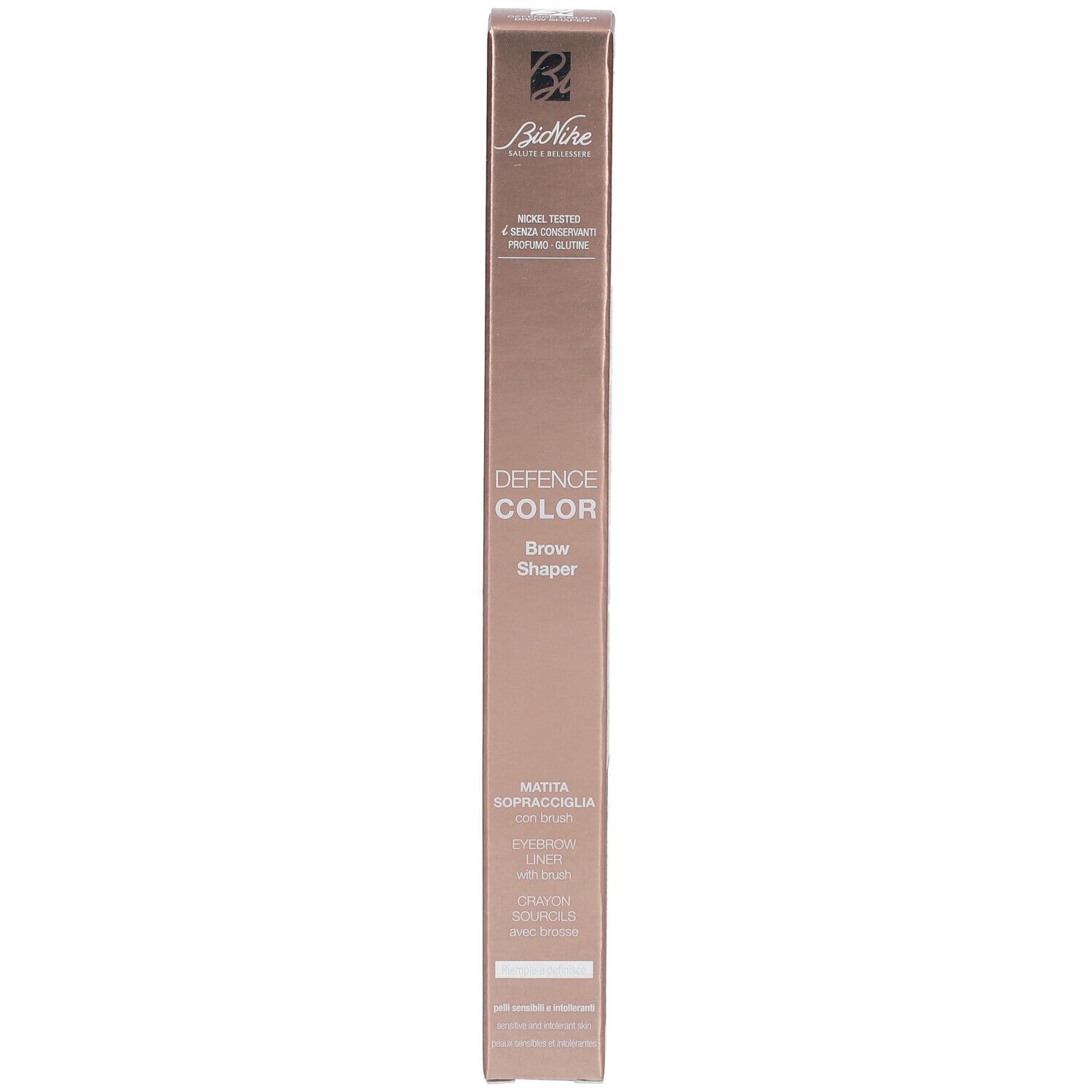 BioNike Defence Color Matita Sopracciglia Dark Brown. Confezione. Scatola marrone con informazioni sul prodotto.