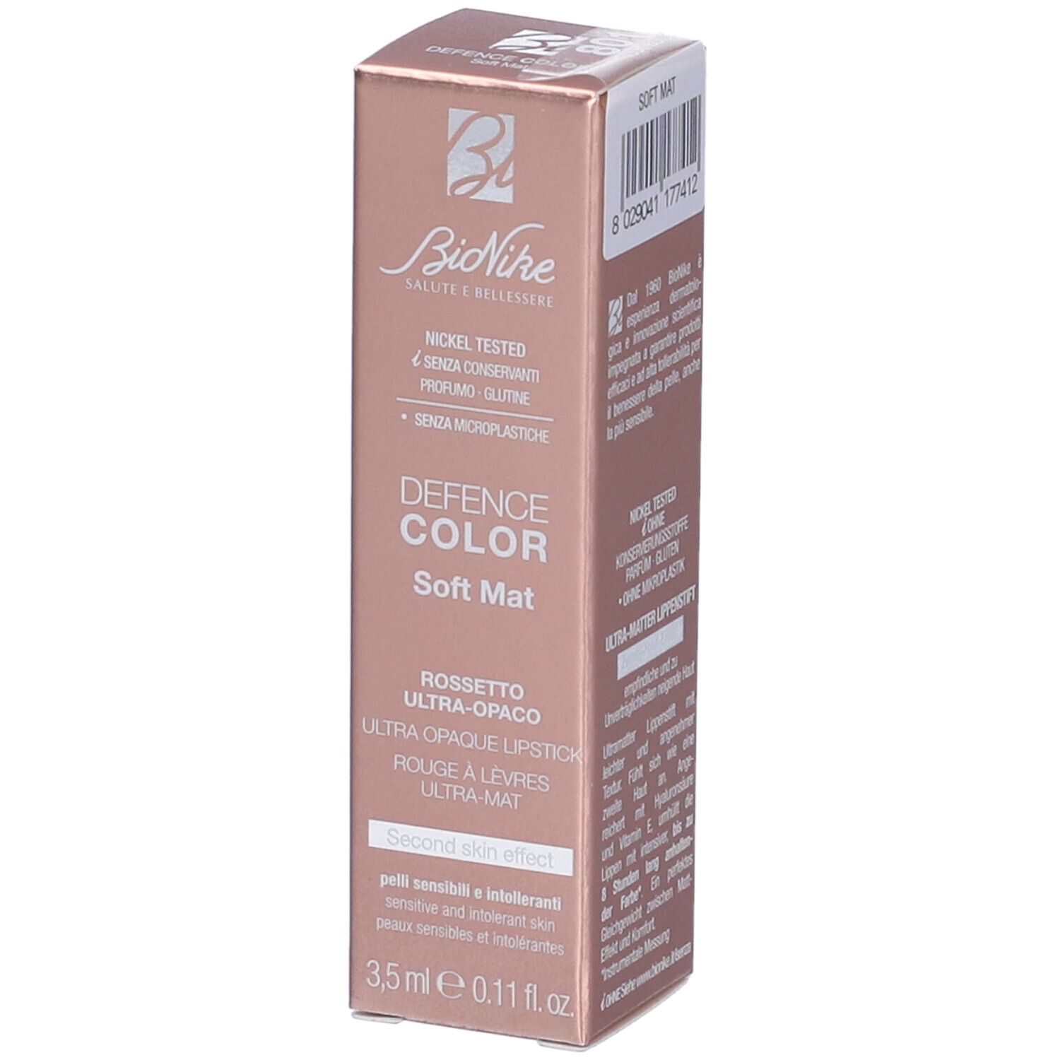 Confezione rossetto BioNike Defence Color Soft Mat. Testato al nichel. Rossetto ultra-opaco. 3,5 ml.