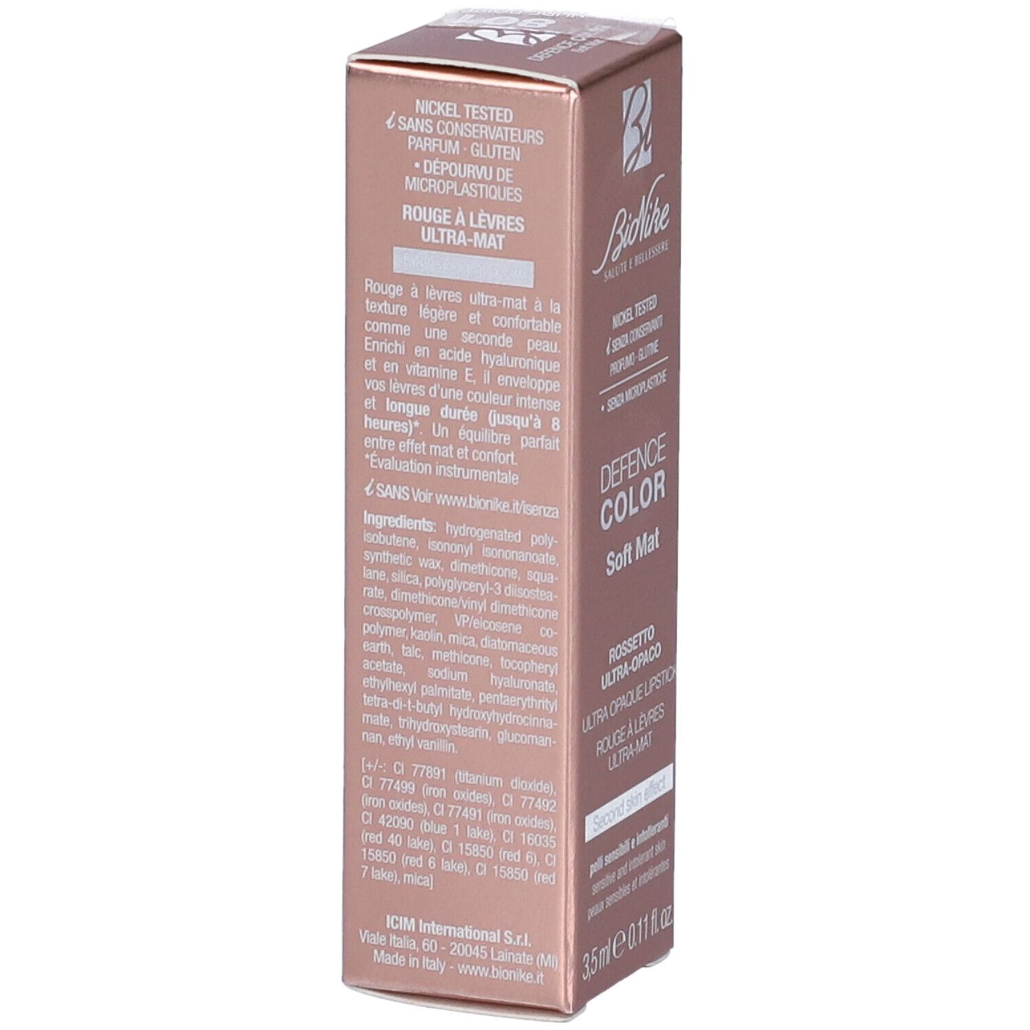 Retro confezione rossetto BioNike Defence Color Soft Mat. Ingredienti e testo. 3,5 ml.