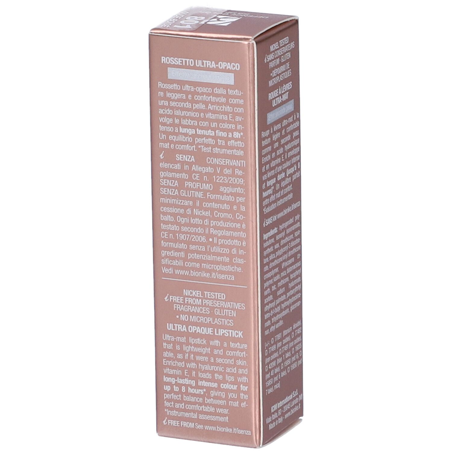 Lato confezione rossetto BioNike Defence Color Soft Mat. Testo e informazioni. 3,5 ml.