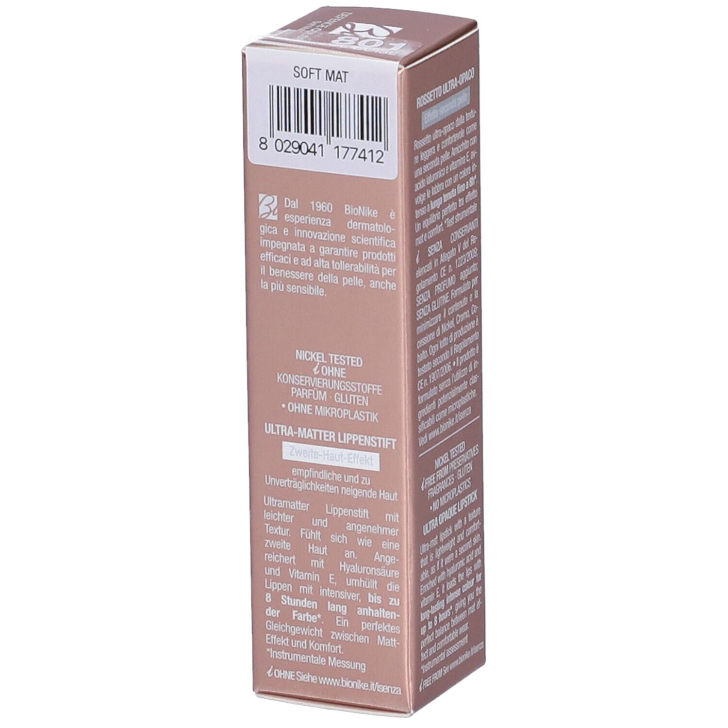 Lato confezione rossetto BioNike Defence Color Soft Mat. Codice a barre e testo. 3,5 ml.