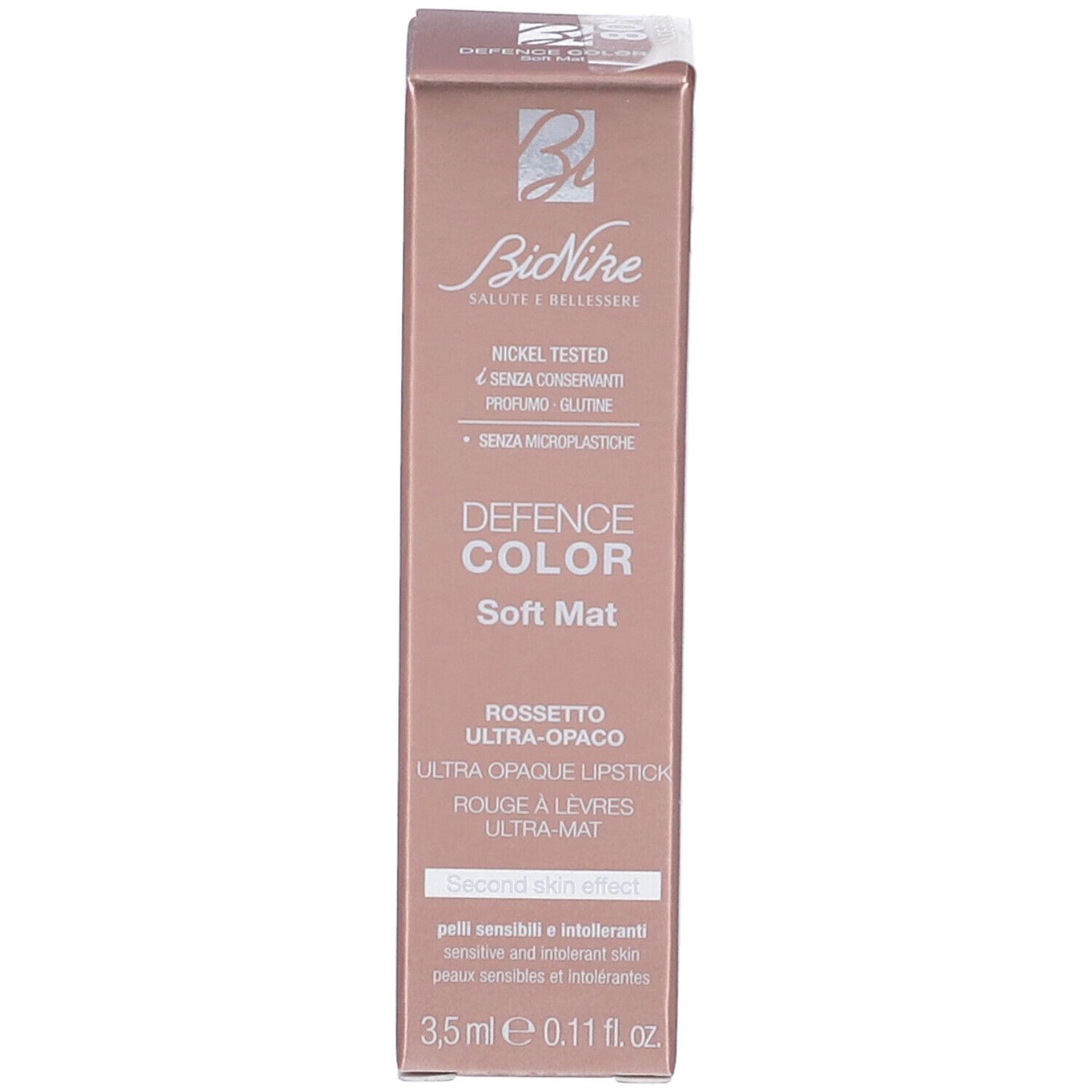 Confezione rossetto BioNike Defence Color Soft Mat. Testato al nichel. Rossetto ultra-opaco. 3,5 ml.