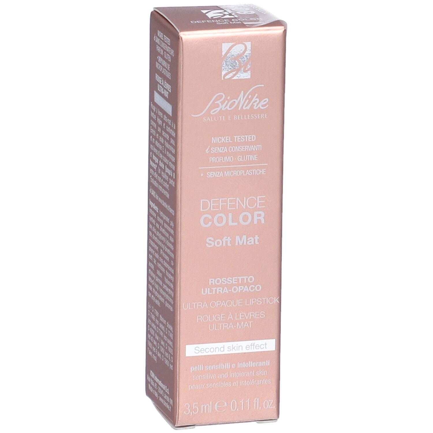 Confezione rossetto BioNike Defence Color Soft Mat. Testato al nichel. Rossetto ultra-opaco. 3,5 ml.
