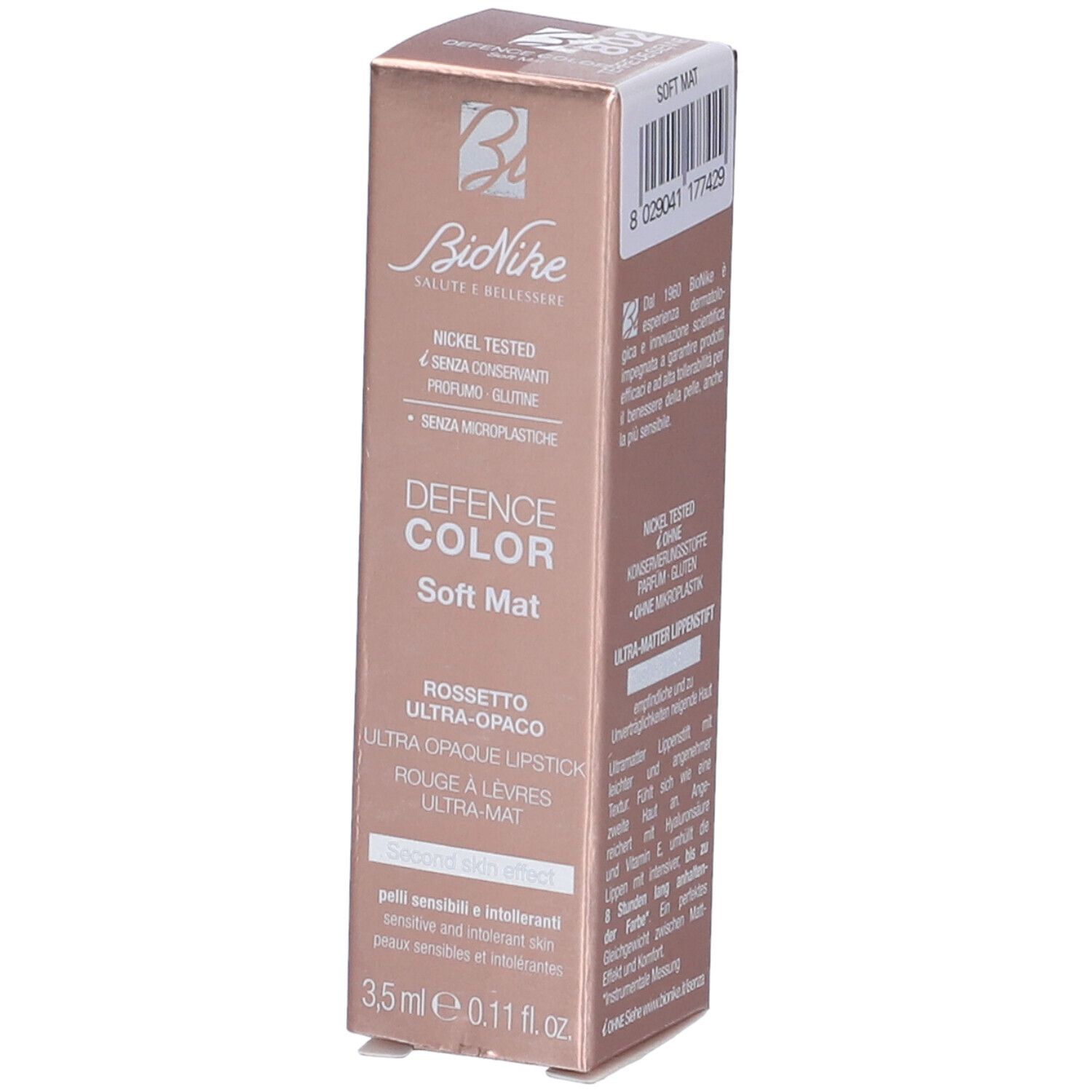 Confezione rossetto BioNike Defence Color Soft Mat. Nickel tested, senza glutine, senza microplastiche. 3,5 ml.