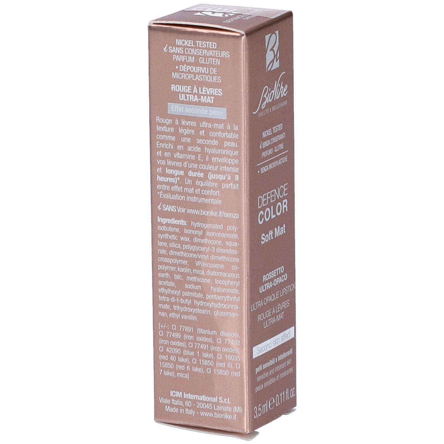 Confezione rossetto BioNike Defence Color Soft Mat. Nickel tested, senza glutine, senza microplastiche. 3,5 ml.