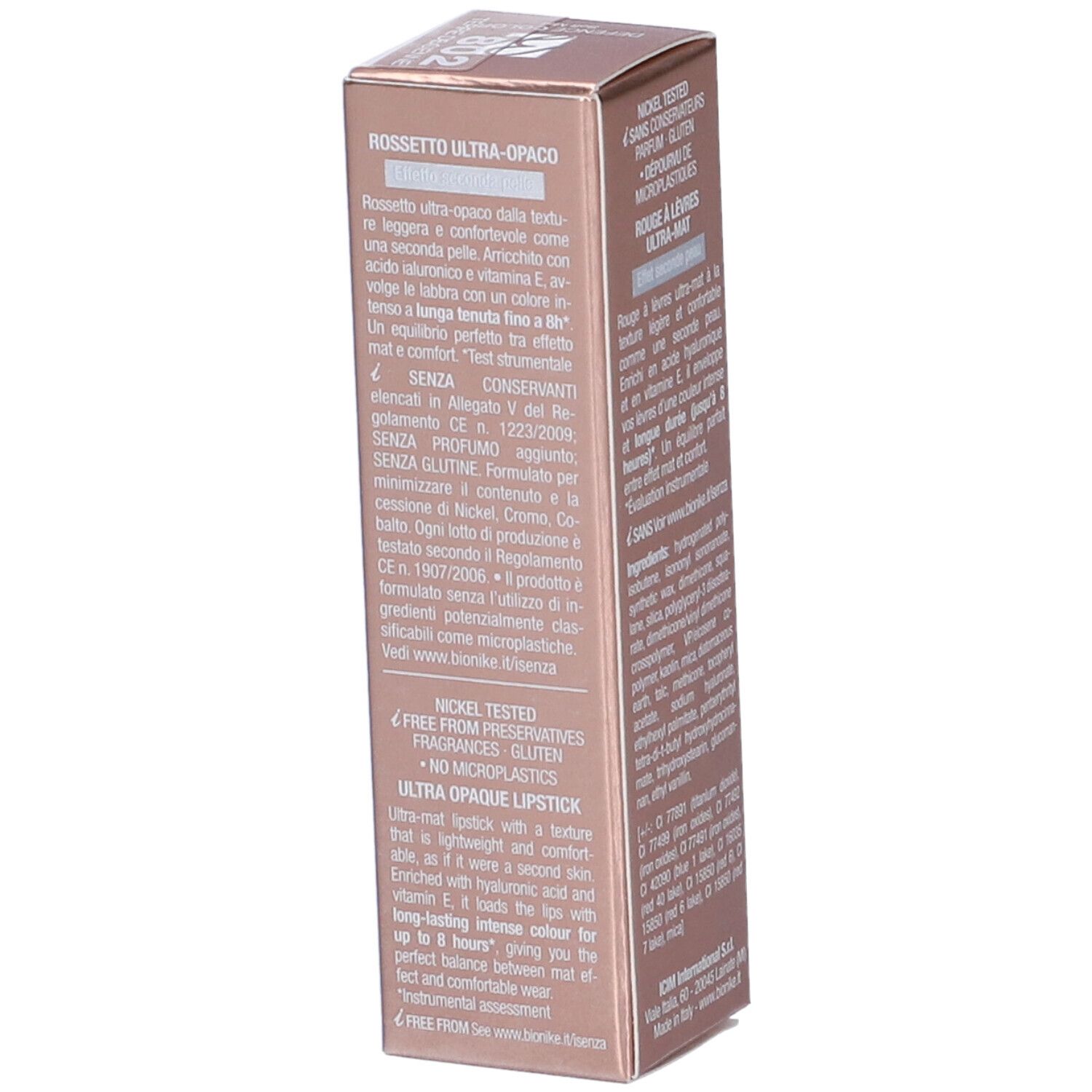 Confezione rossetto BioNike Defence Color Soft Mat. Nickel tested, senza glutine, senza microplastiche. 3,5 ml.